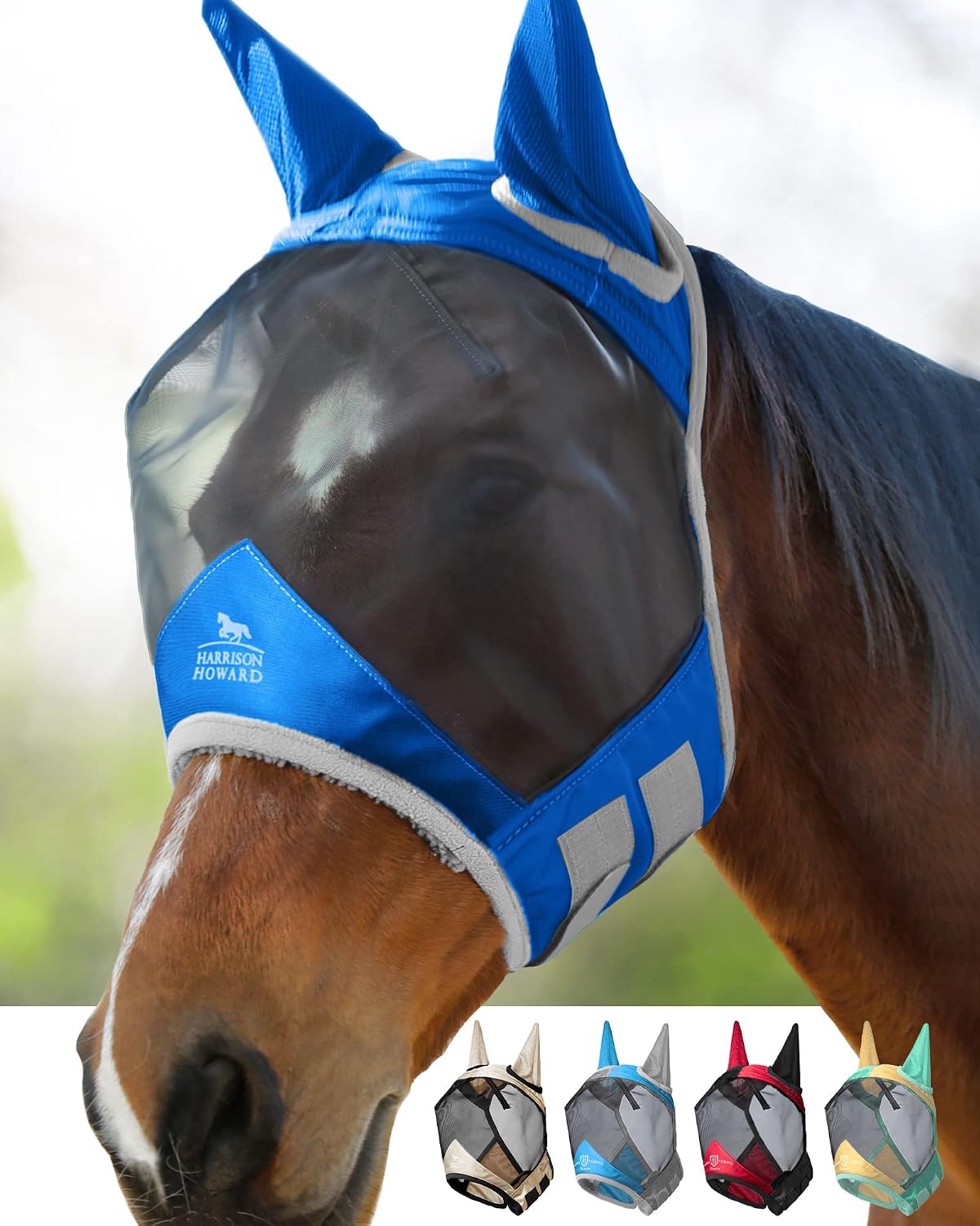 Harrison Howard Pro Luminous Horse Fly Mask Large Eye Space Half Face with Ears UV Protection for Horse Coral Orange/Navy M - Image 14