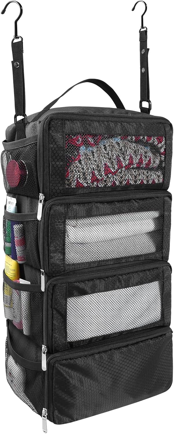 Olosar suitcase organizer front view of collapsible hanging travel shelves