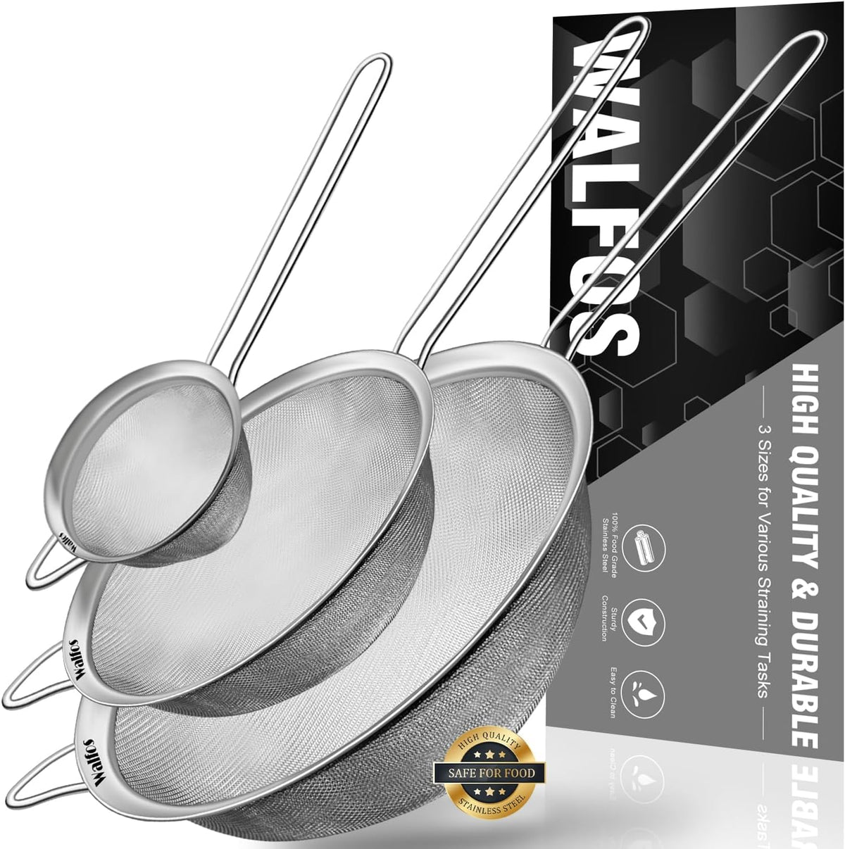 Walfos fine mesh strainers set front view