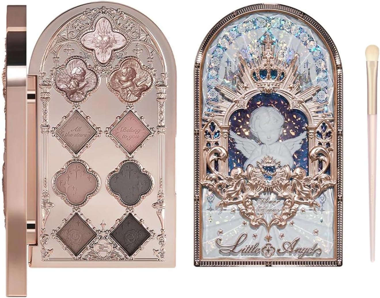 Flower Knows Little Angel eyeshadow palette front view with embossed gothic angel design.