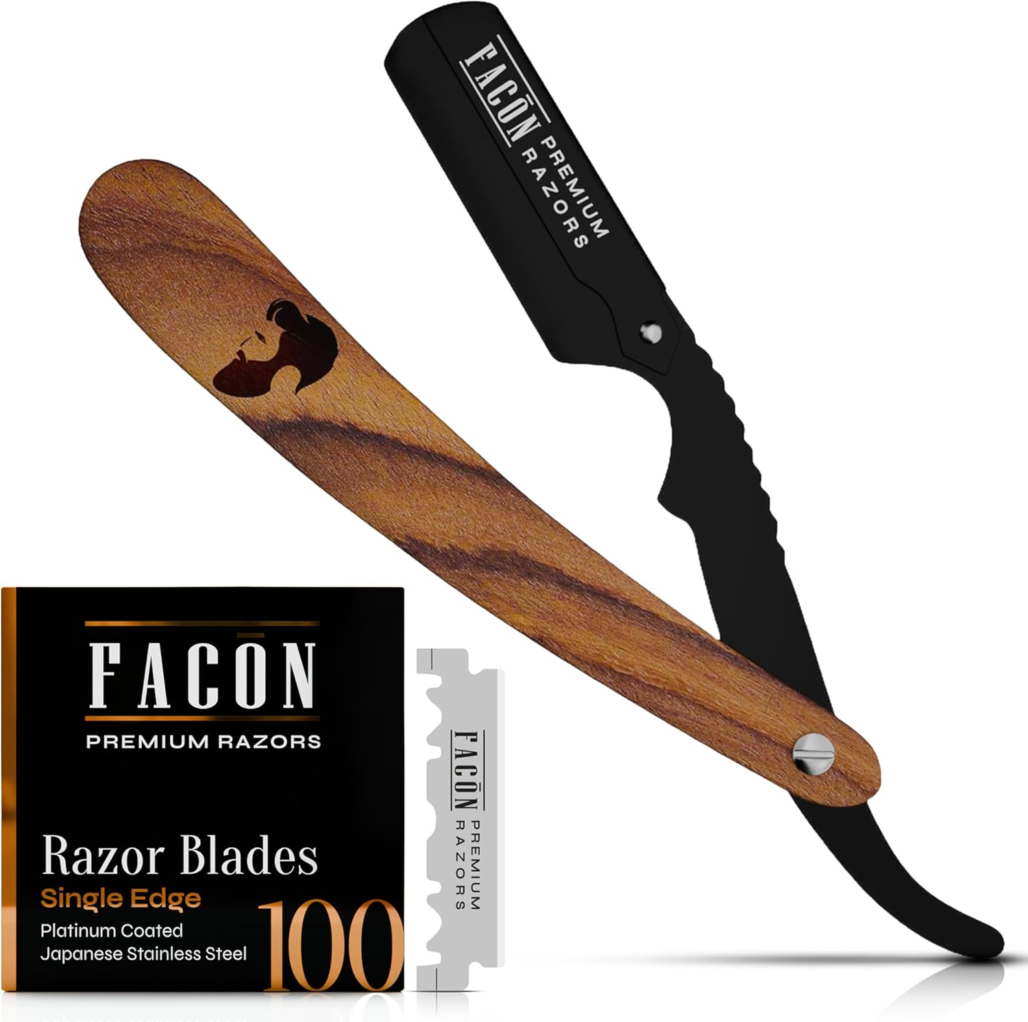 Facon professional straight edge barber razor with wooden handle front view