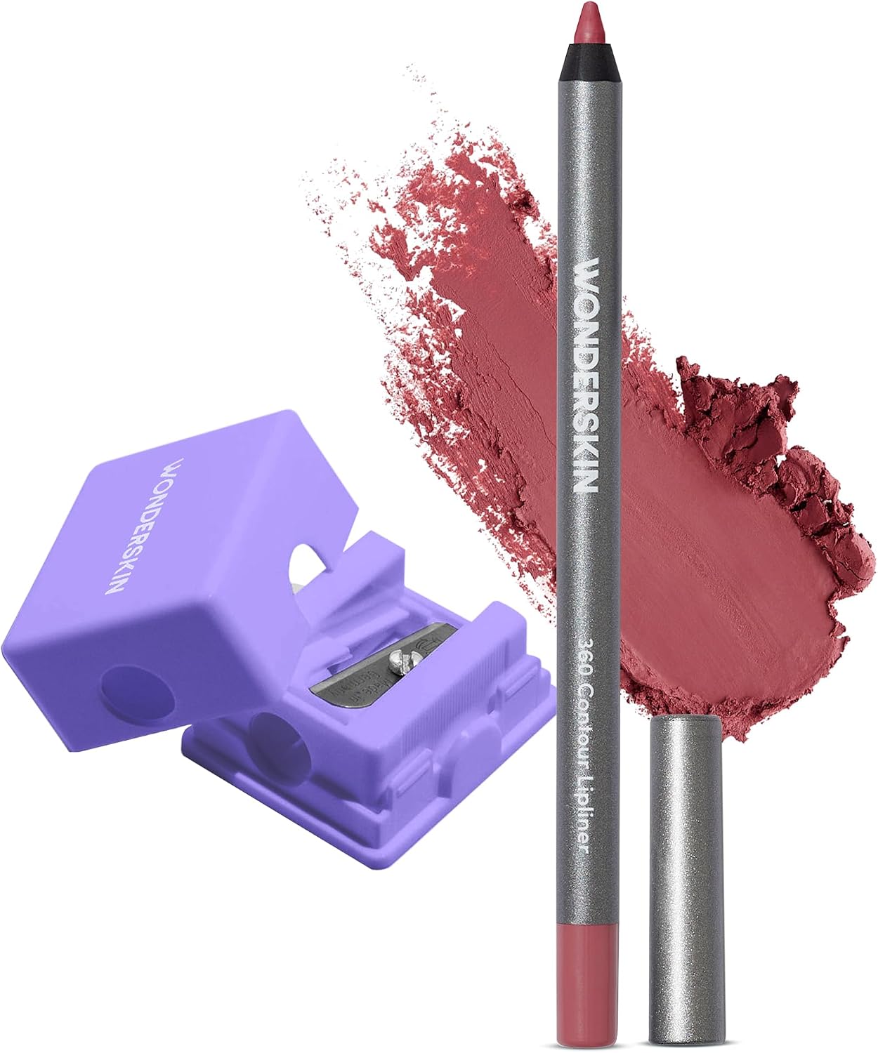 Wonderskin 360 Contour Lipliner Rosewood front view showing the matte lip liner pencil and matching lavender sharpener.