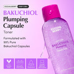 Eqqualberry Bakuchiol toner texture showing suspended purple oil capsules and lightweight formula.