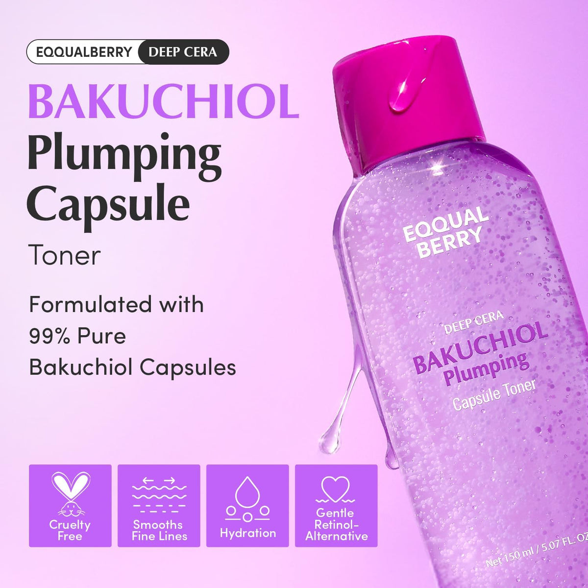 Eqqualberry Bakuchiol toner texture showing suspended purple oil capsules and lightweight formula.