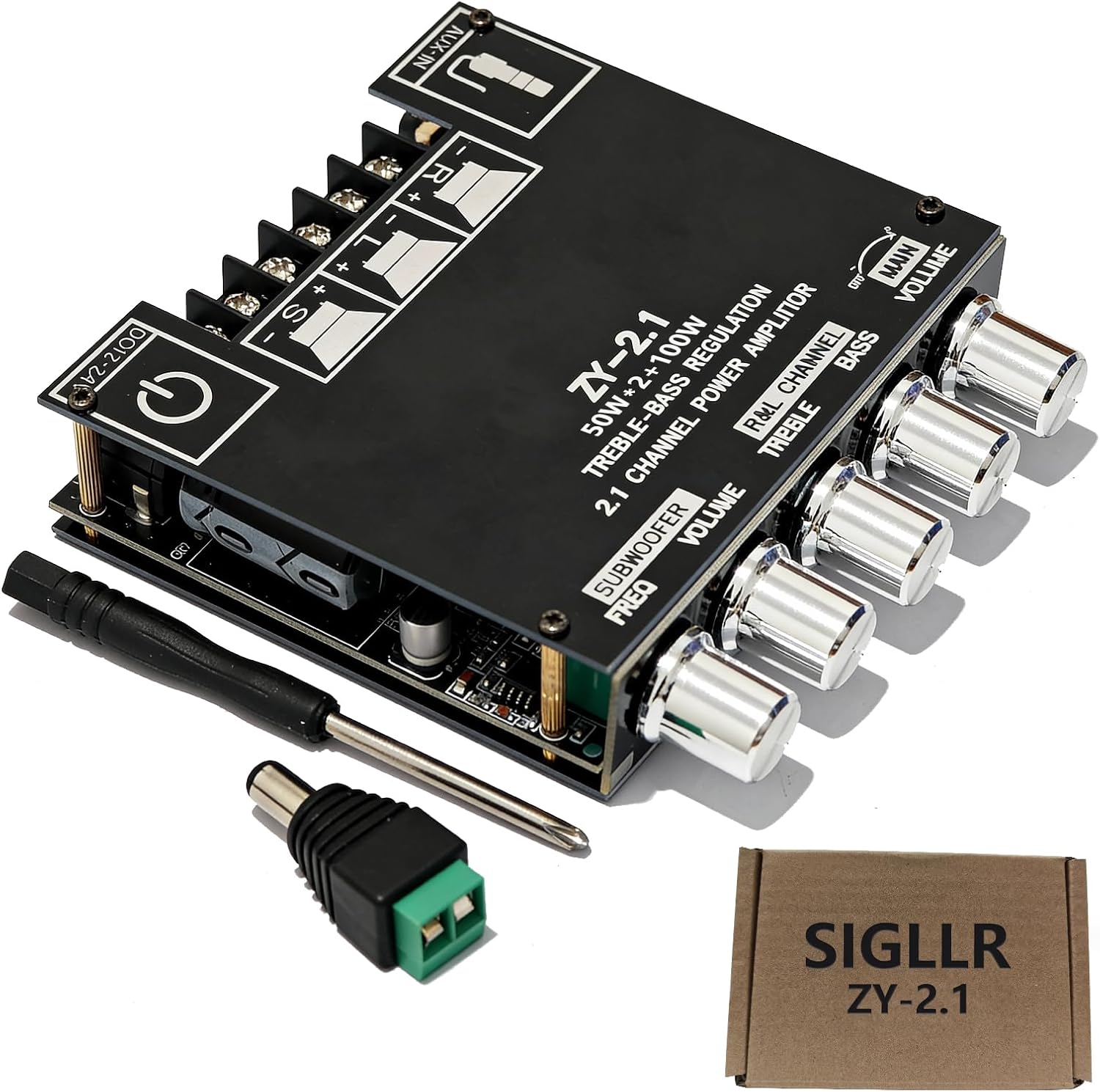Sigllr Generic Bluetooth 5.1 amplifier board front view showing adjustment dials and heat sink.