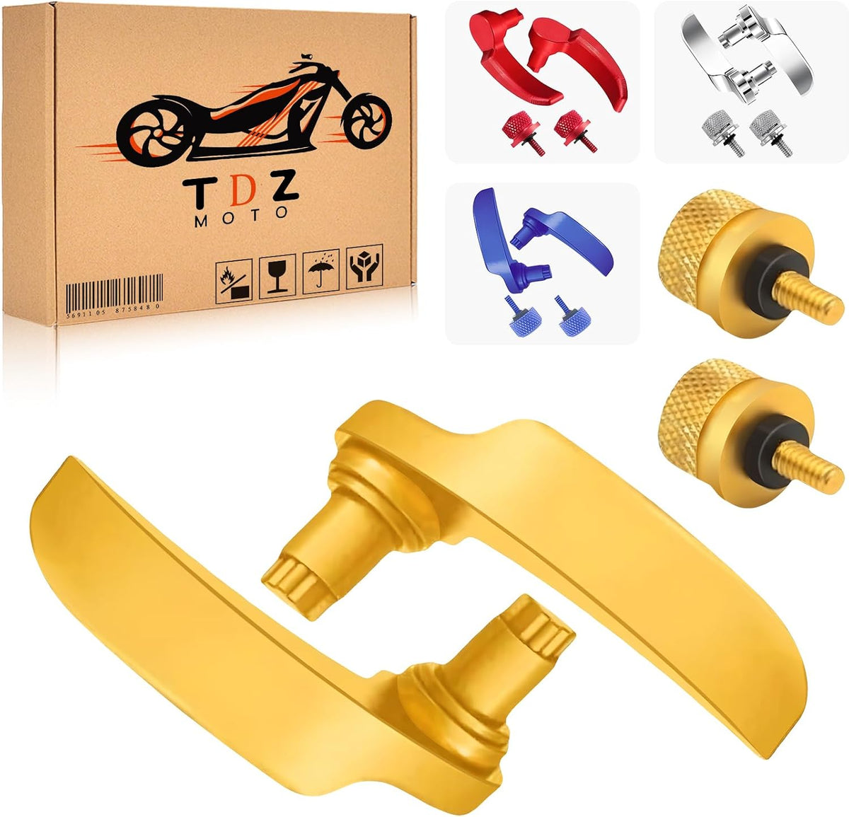TDZ MOTO Gold Saddlebag Latch Kit front view showcasing the anodized finish and matching seat bolts.