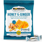 Honees Honey and Ginger Hard Candy front view packaging showcasing real honey liquid center text