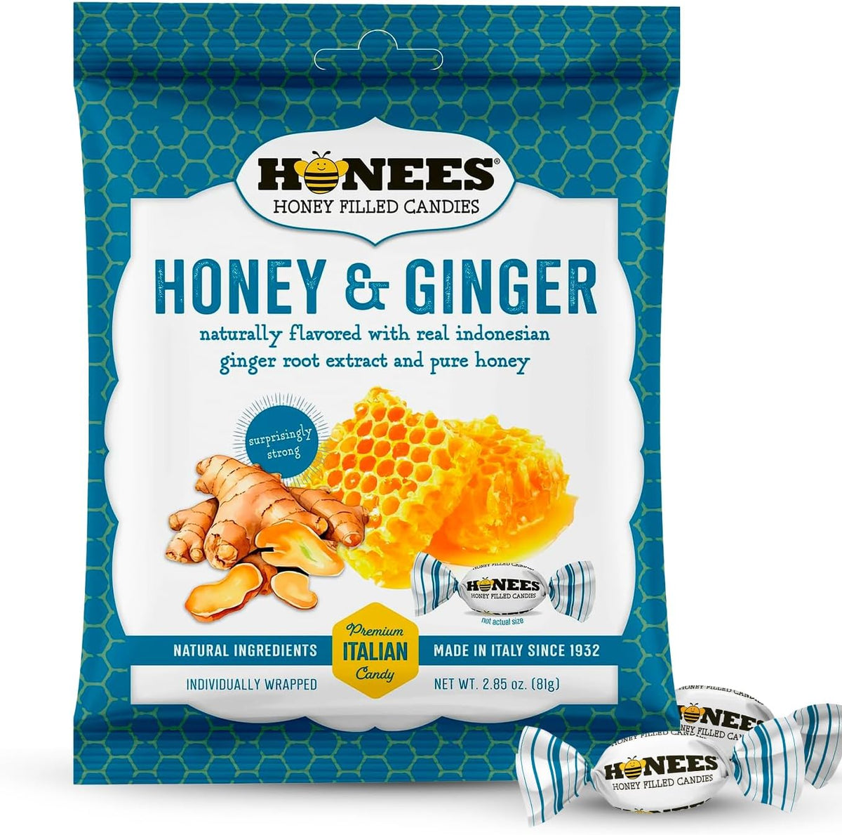 Honees Honey and Ginger Hard Candy front view packaging showcasing real honey liquid center text