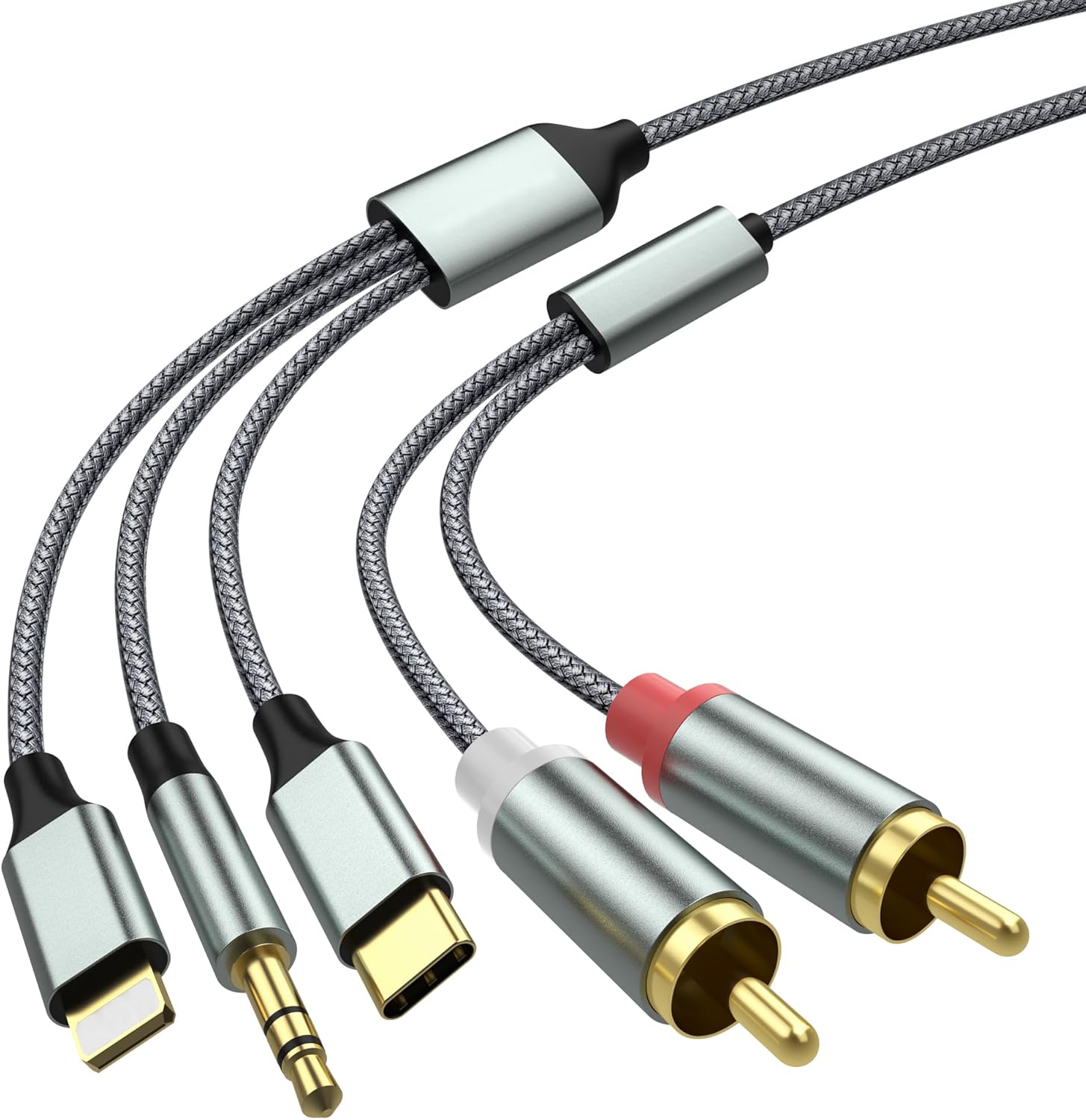 Apitiong 3-in-1 lightning and USB-C to RCA audio cable front view