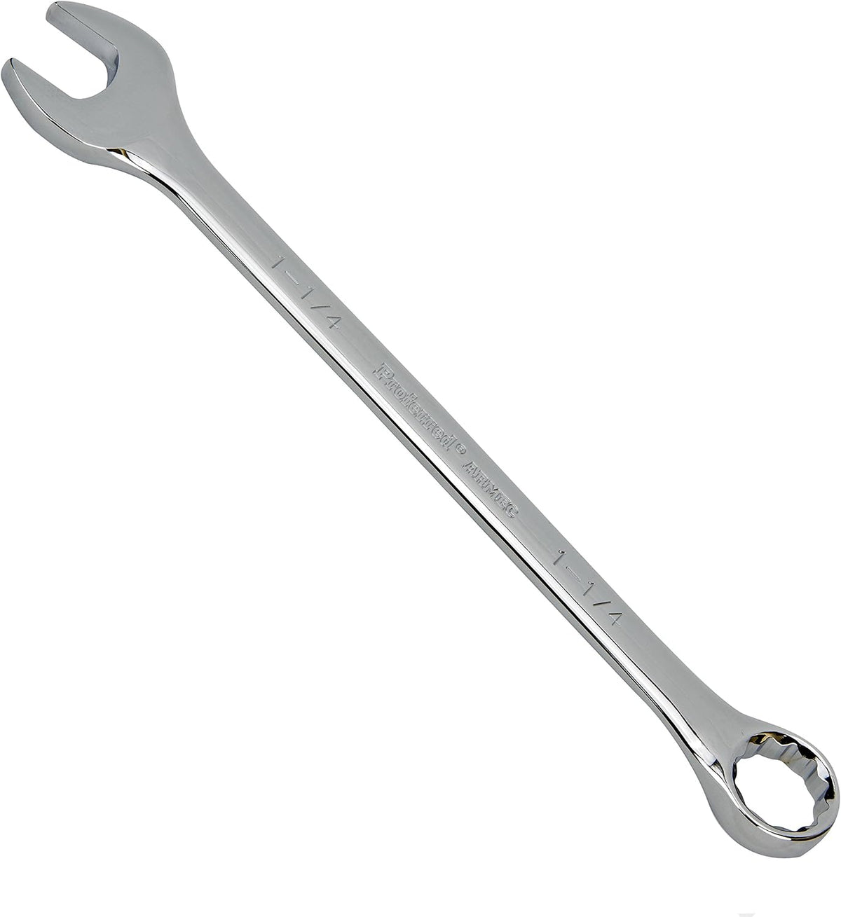 Proferred combination wrench front view displaying polished chrome finish.