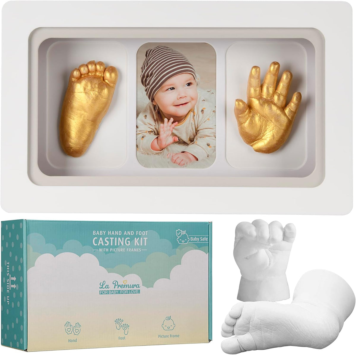La Premura Baby Keepsake Hand Casting Kit front view of packaging and white shadow box frame