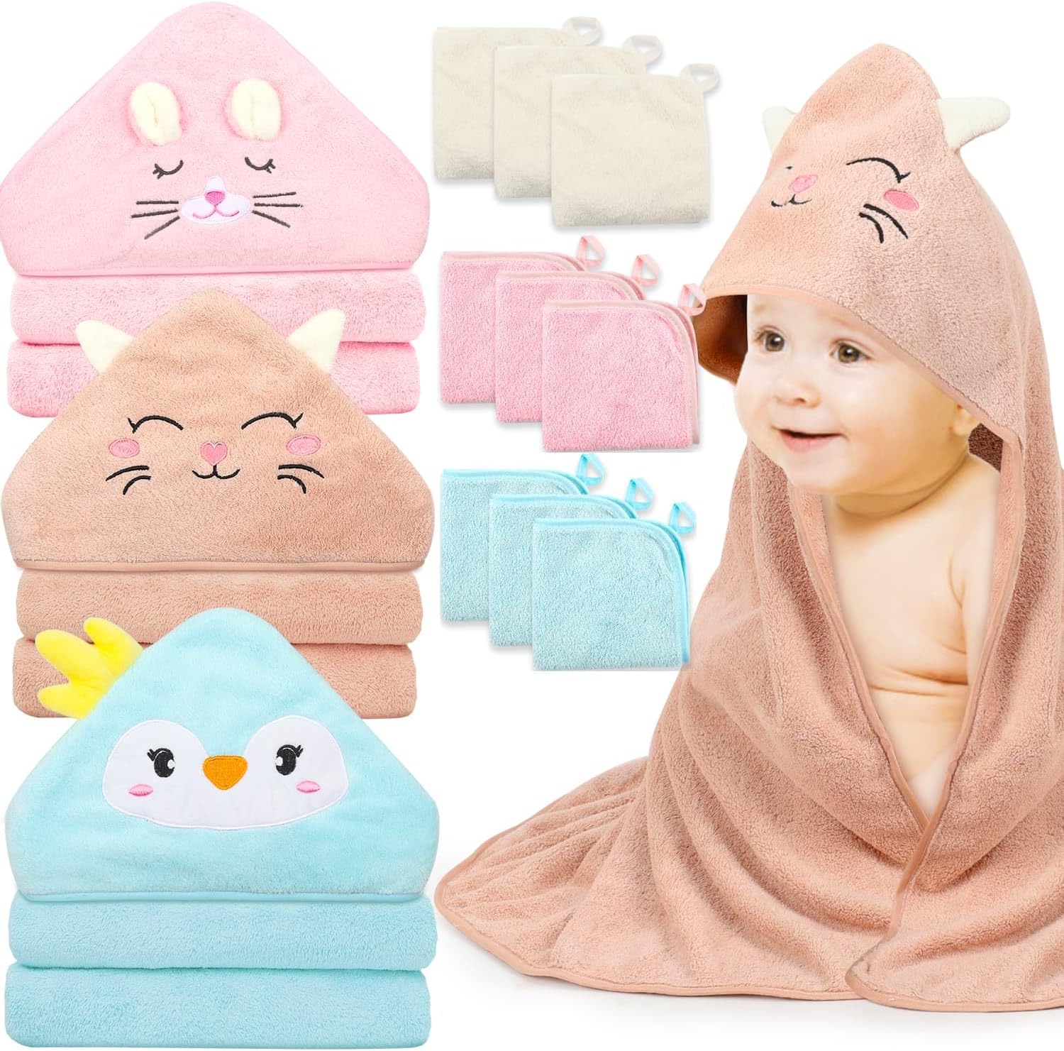 Sublaga 12 piece hooded baby towel set with animal designs