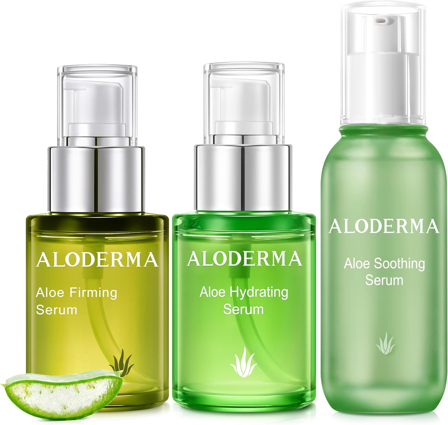 Aloderma Aloe Face Serums Set 3 Pieces front view showcasing the full skincare trio packaging.