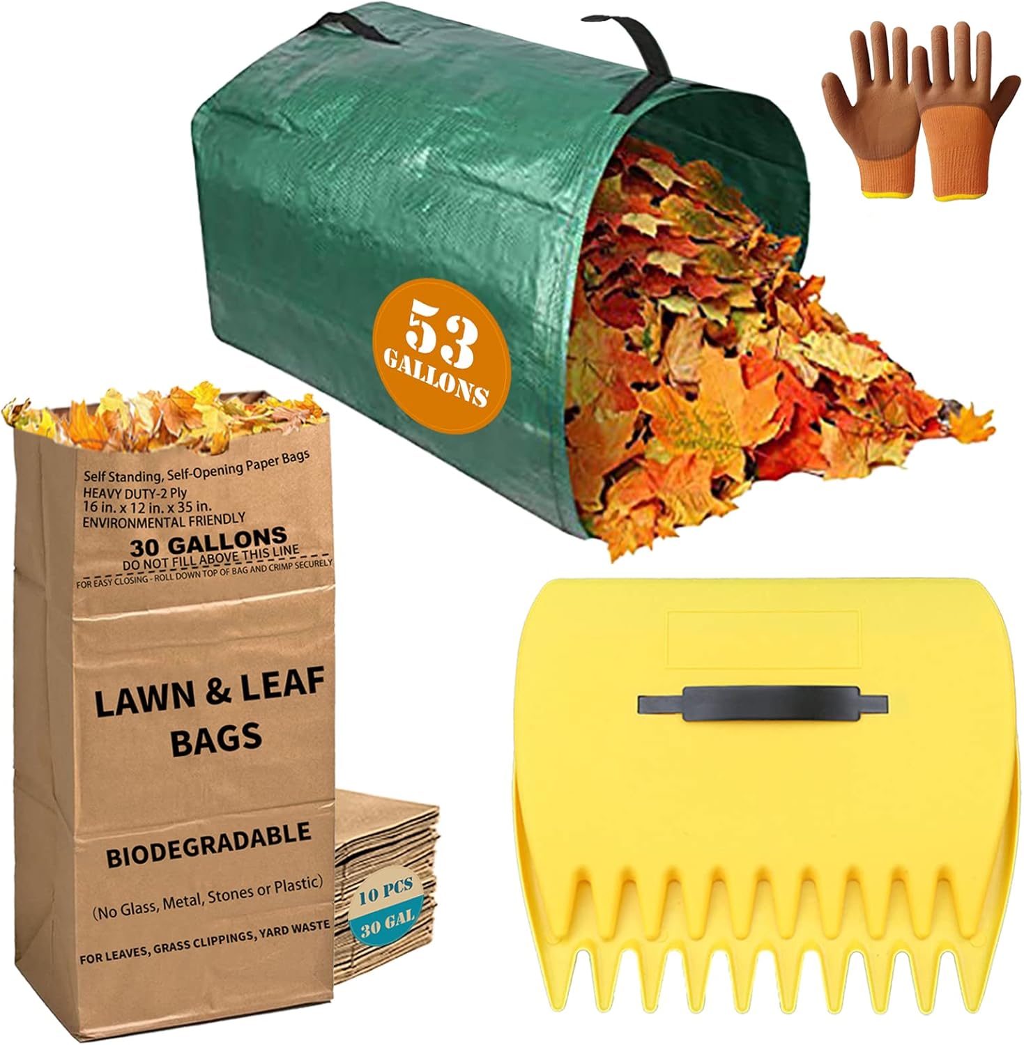 10 Count 30 Gallon Lawn and Leaf Bags with Leaf Scoops & 53 GAL Large Yard Dustpan-Type Garden Bag, 2-Ply Heavy Duty Kraft Paper Bags, Tear Resistant Yard Waste Bag for Grass Clippings, Wet Dry Leaves - Image 1
