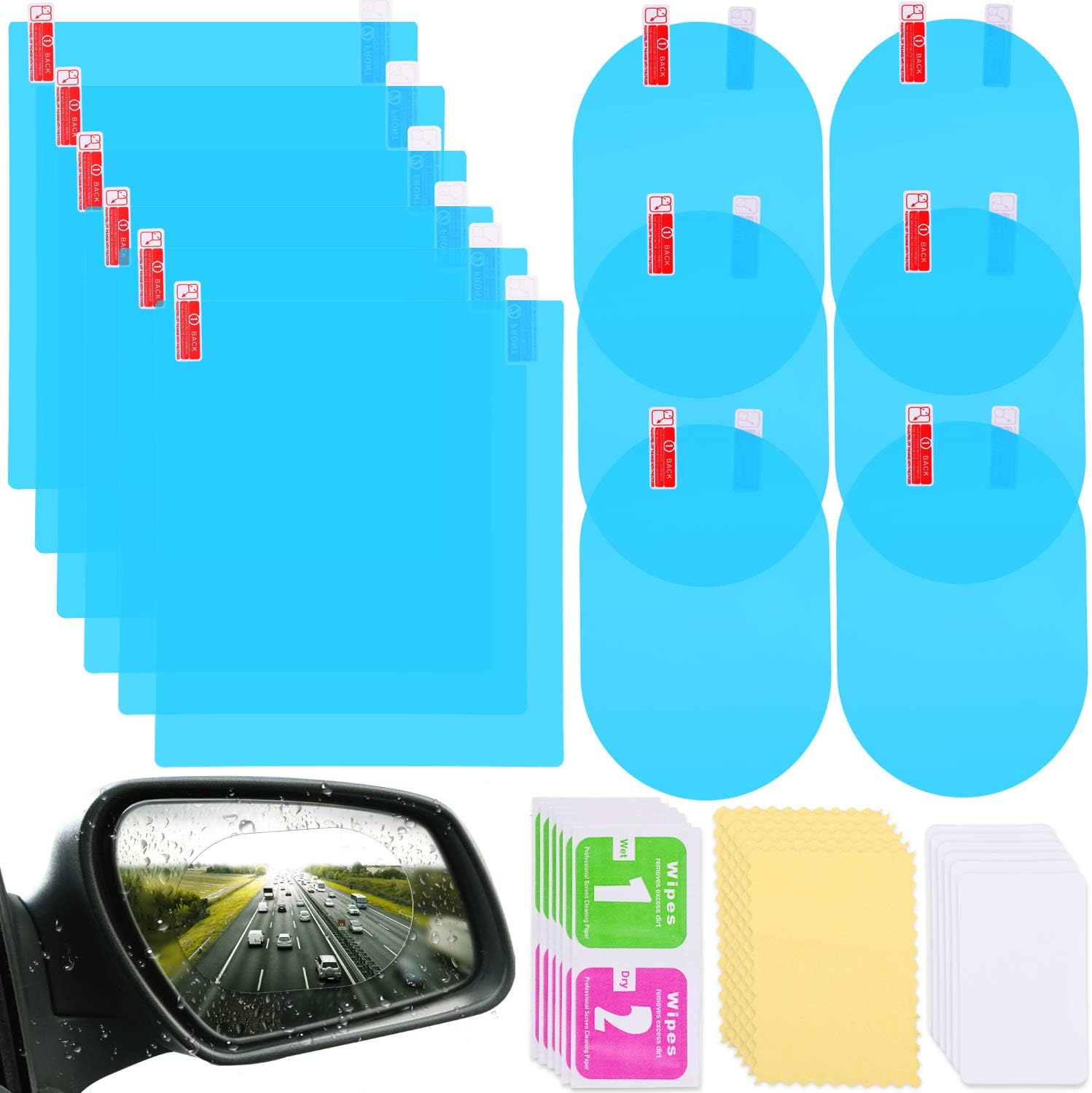 Frienda car rearview mirror film twelve piece package showing front view of water repelling sheets