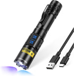 Darkbeam UV flashlight front view showing dual LED emitter and power button.