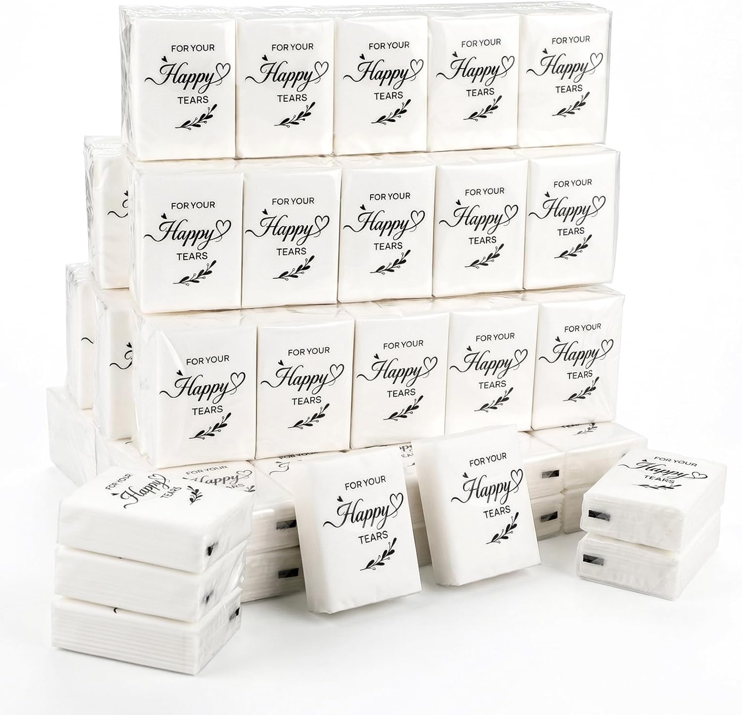 Beeveer Happy Tears Tissue pack front view showing elegant greenery theme for wedding favors.