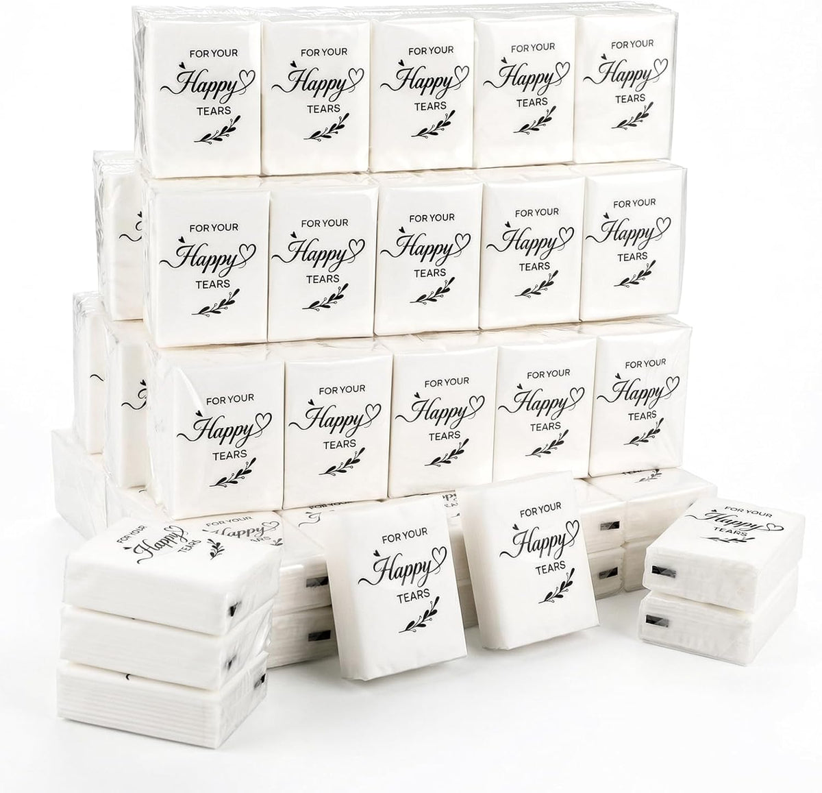 Beeveer Happy Tears Tissue pack front view showing elegant greenery theme for wedding favors.