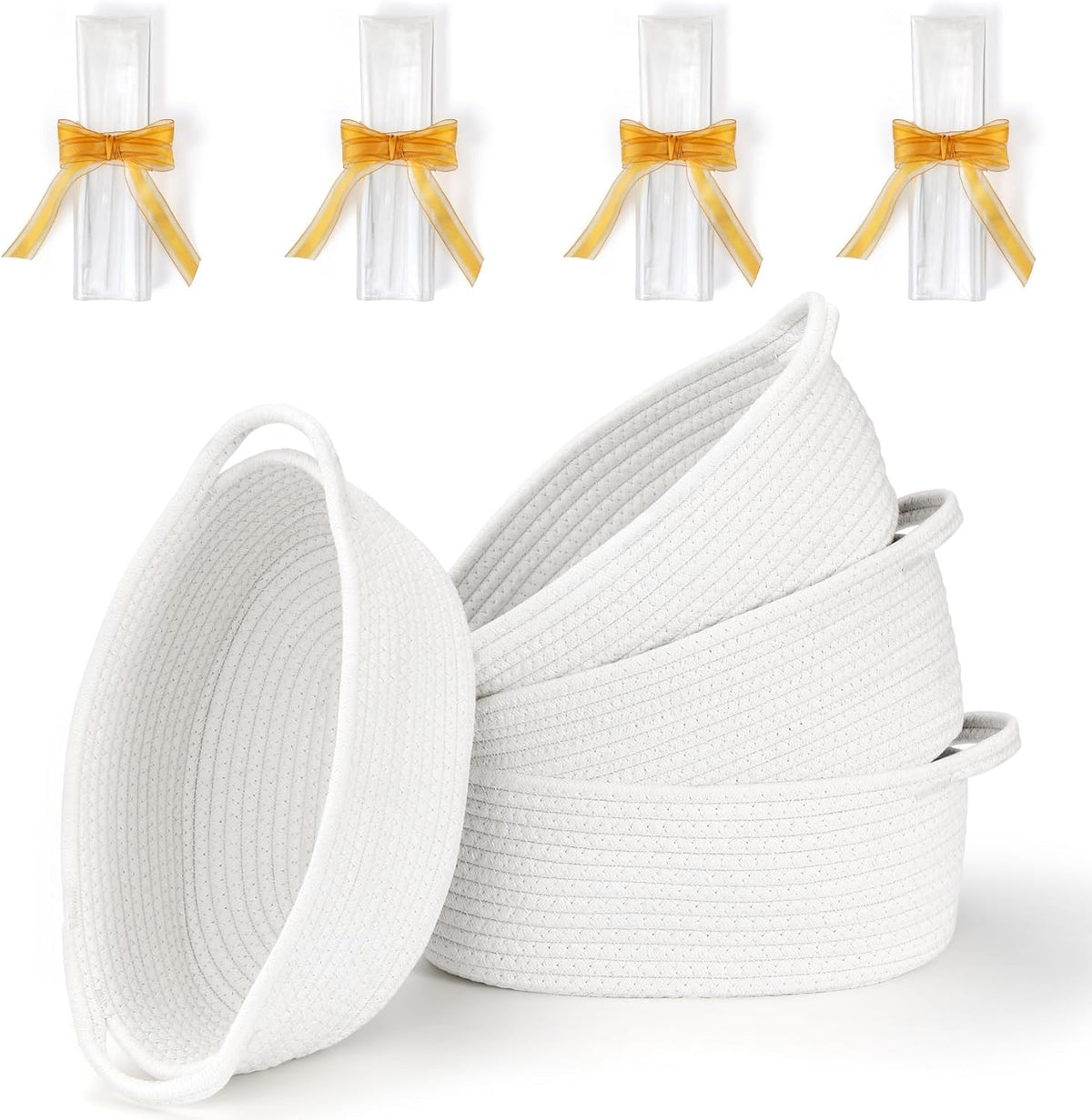 Landneoo organic cotton rope storage baskets front view on nursery shelf