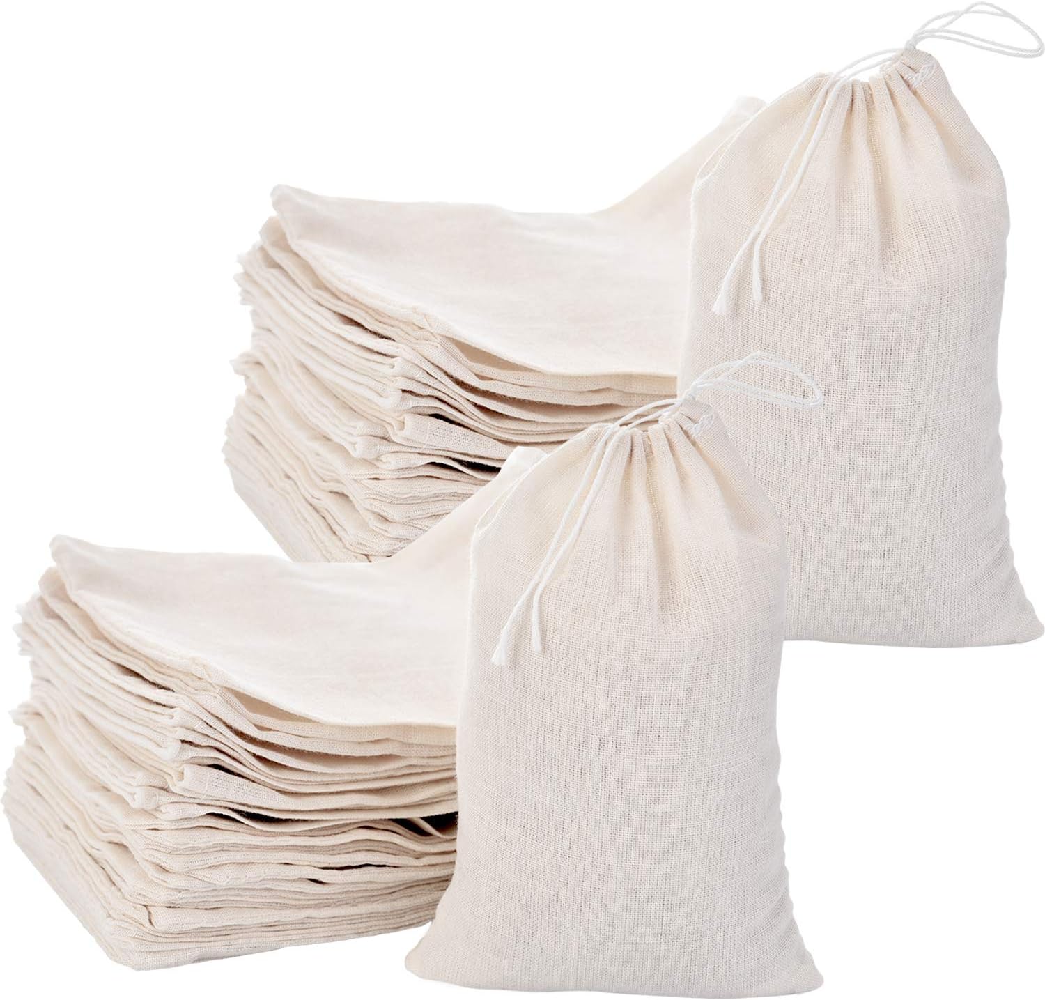 Tatuo 200 Pack Cotton Muslin Drawstring Bags front view showing natural unbleached fabric texture