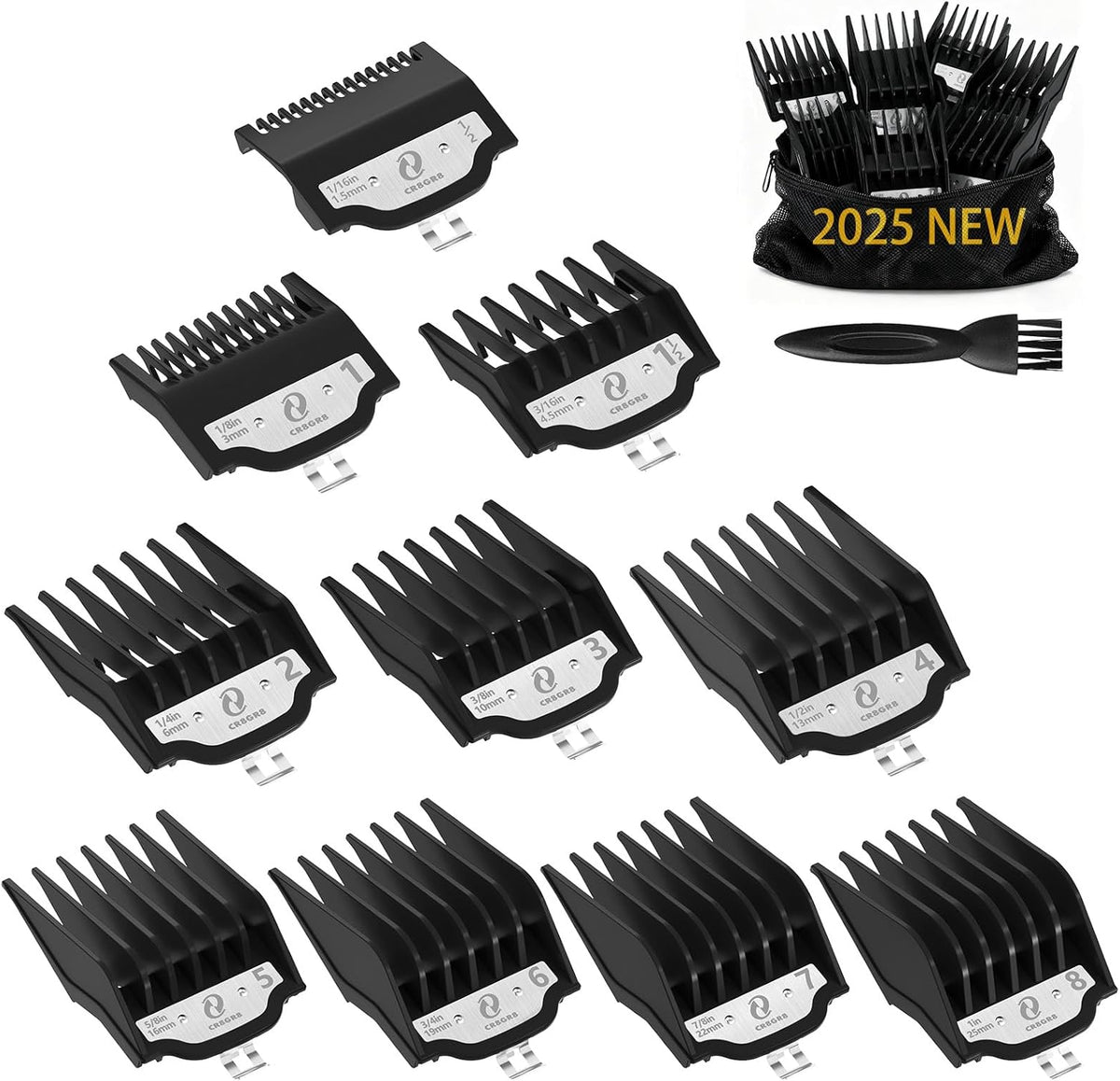 CR8GR8 Clipper Guards Set front view showcasing the ten professional cutting guides aligned together