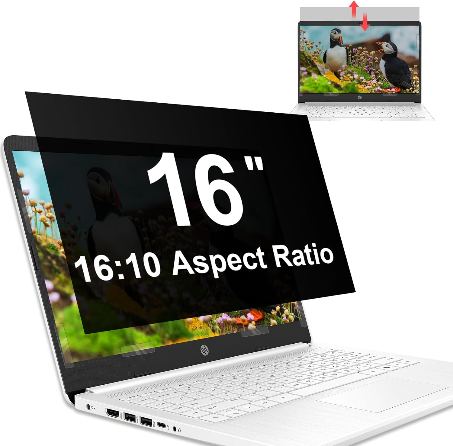 Mamol 16 Inch Laptop Privacy Screen front view on a premium laptop display showing clear visibility from the center.