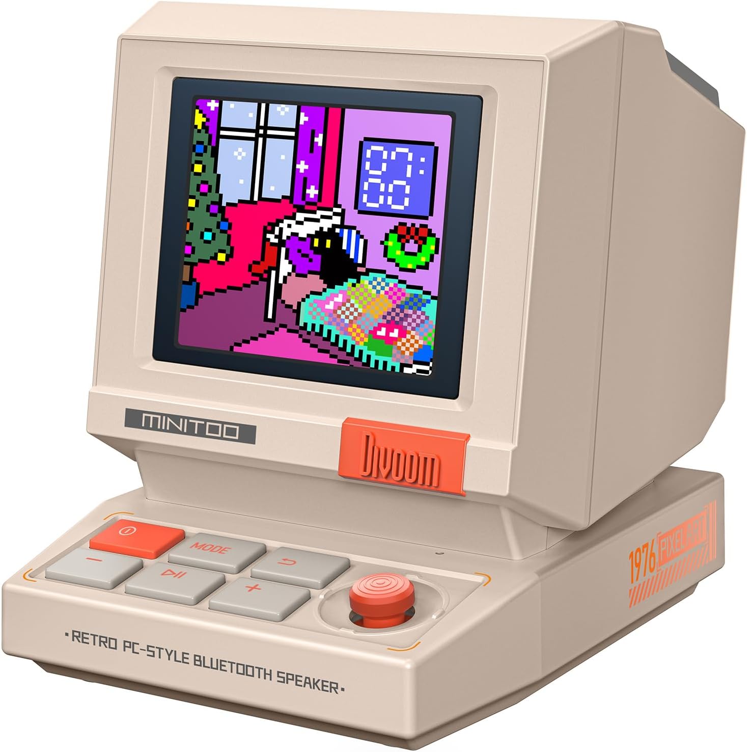 Divoom MiniToo Retro Pixel Bluetooth Speaker front view showing customized pixel art on screen