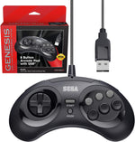Retro-Bit official Sega Genesis USB controller front view featuring the black 8-button layout and classic D-pad.