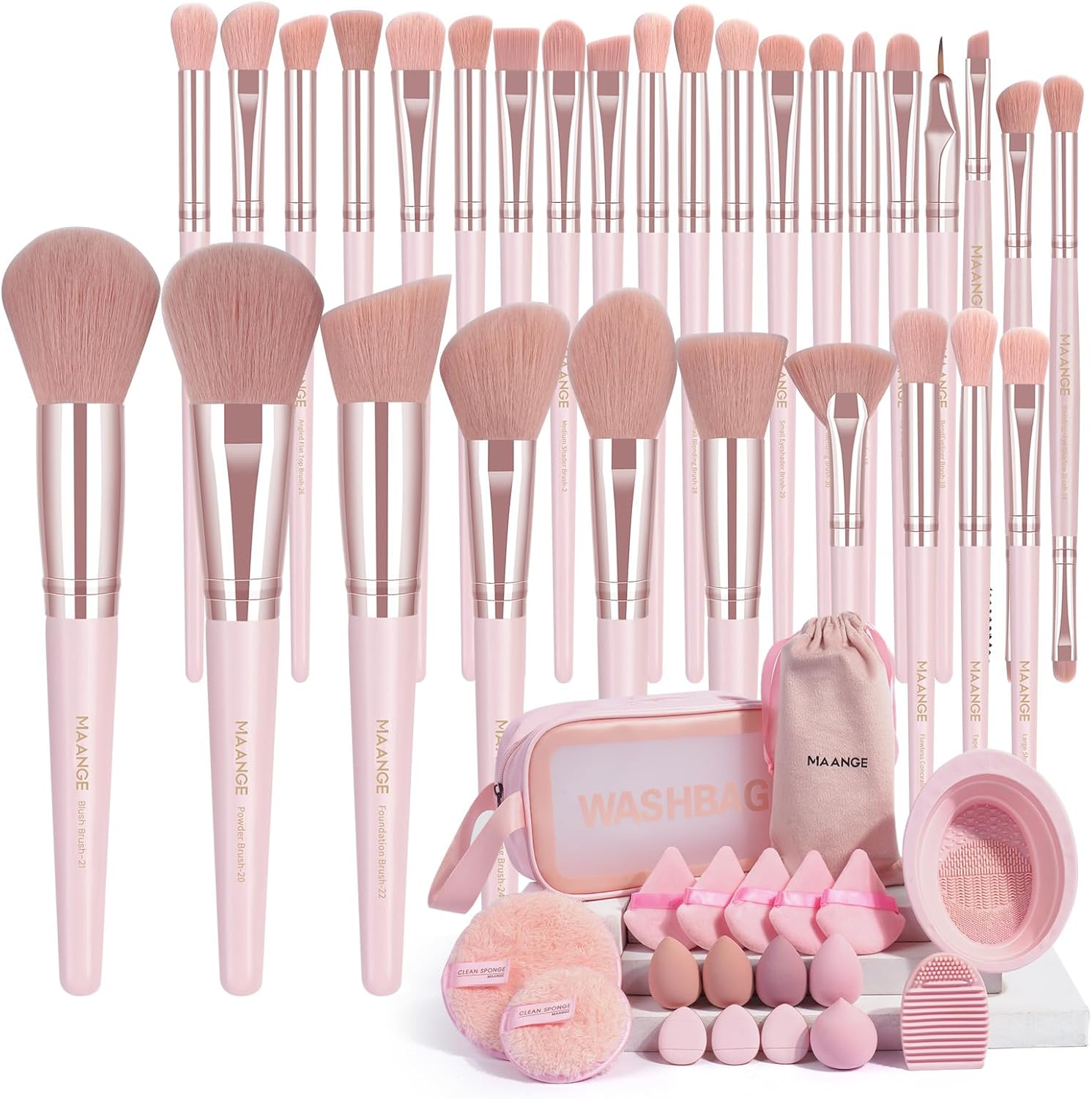 MAANGE Makeup Brush Set 49 Piece Pink front view showing all synthetic brushes and puffs.