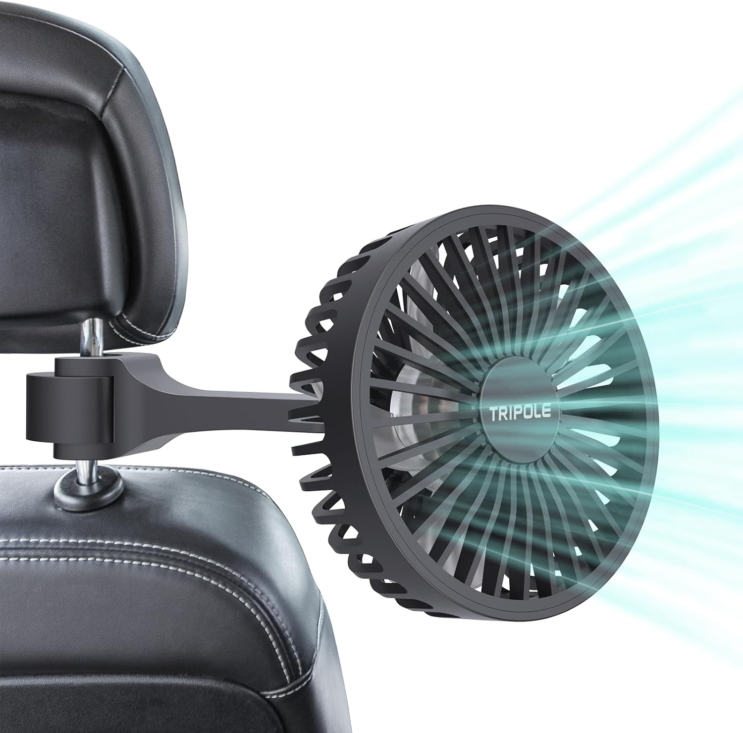 TriPole rear seat USB car fan front view attached to vehicle headrest