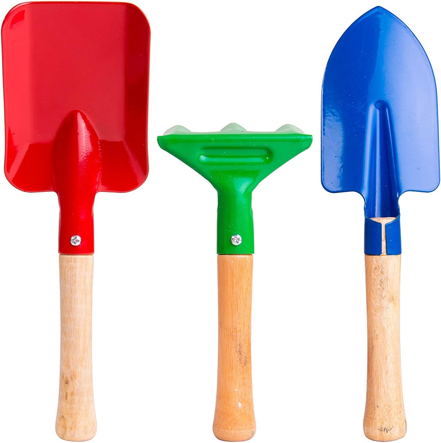 Islmlisa kids gardening tools three piece set front view showing colorful metal heads