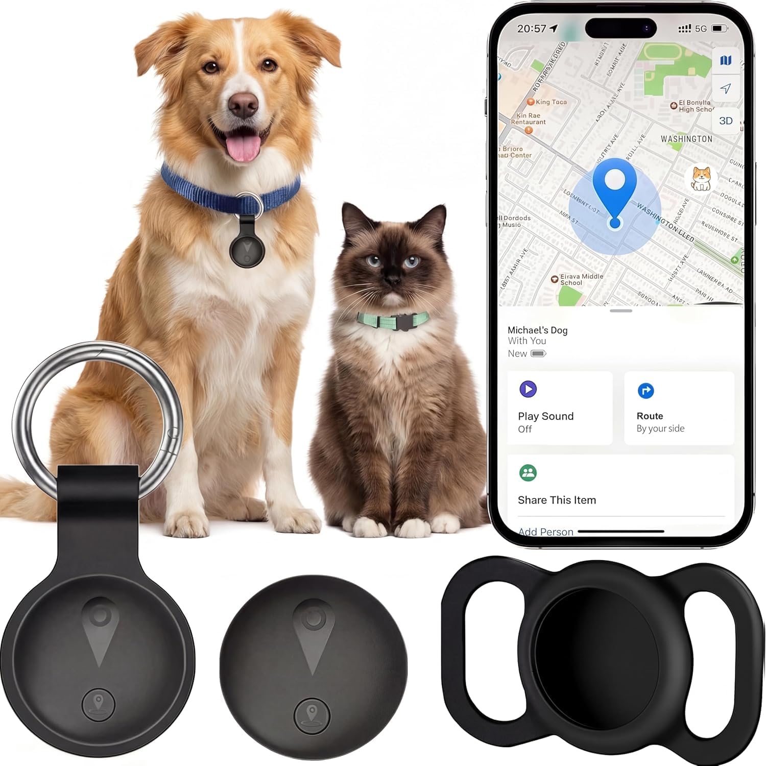 Nilone GPS Tracker For Dogs Smart Collar front view showing the sleek black tracker inside its protective holder.