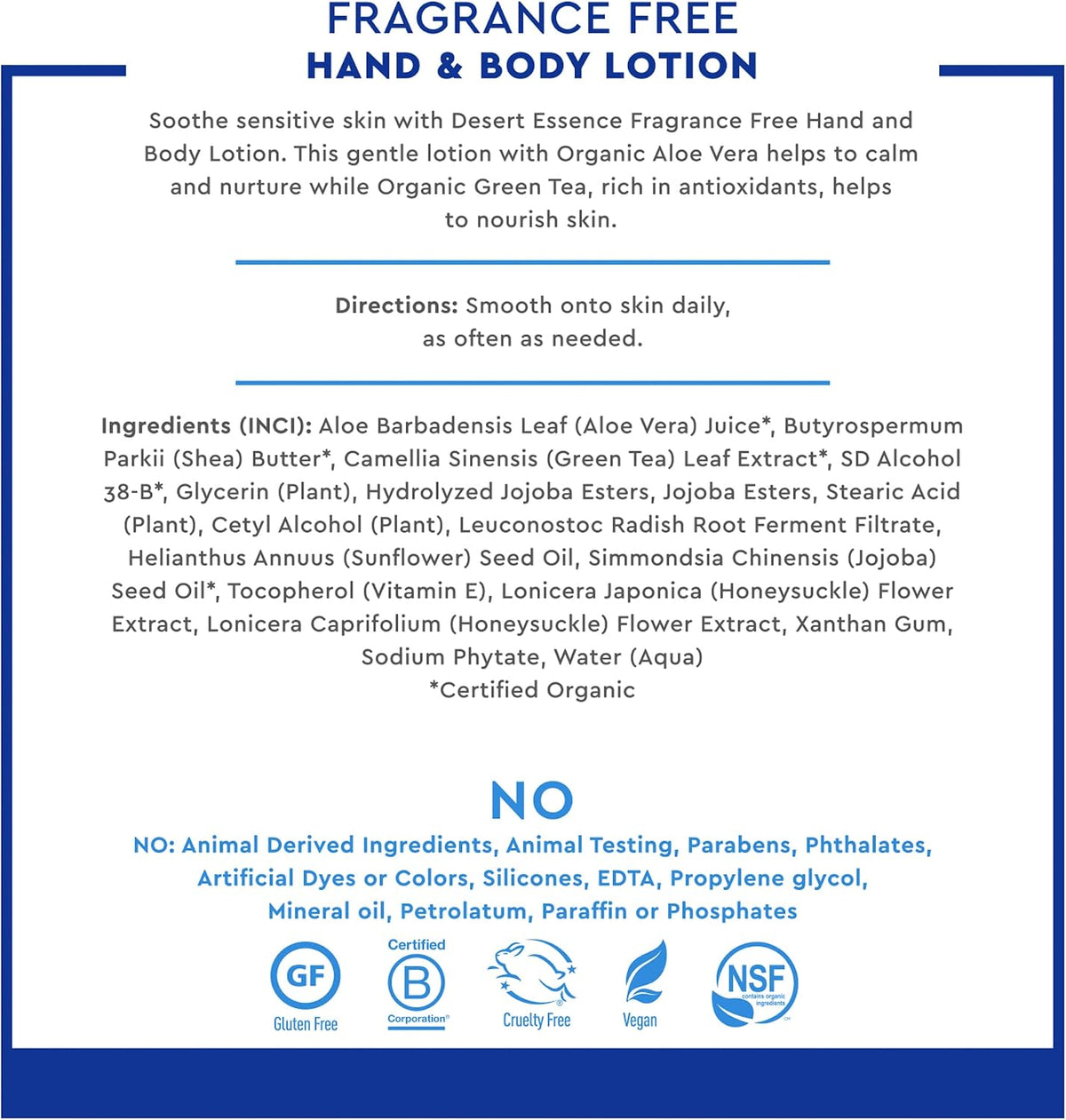 Desert Essence unscented hand and body lotion cap and pump view