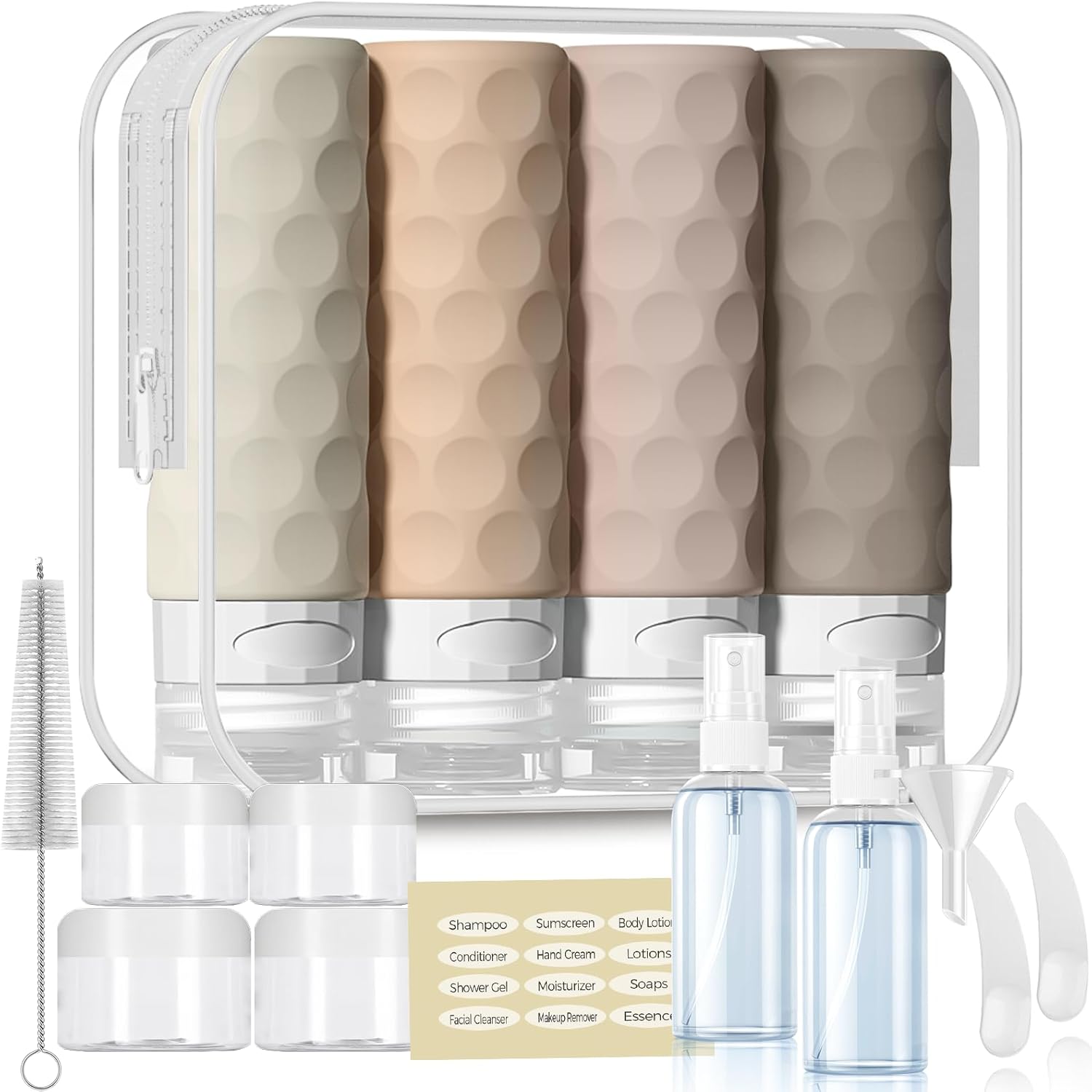 Silevoler 16 pack travel bottles for toiletries front view showing cream colored silicone containers and clear pouch