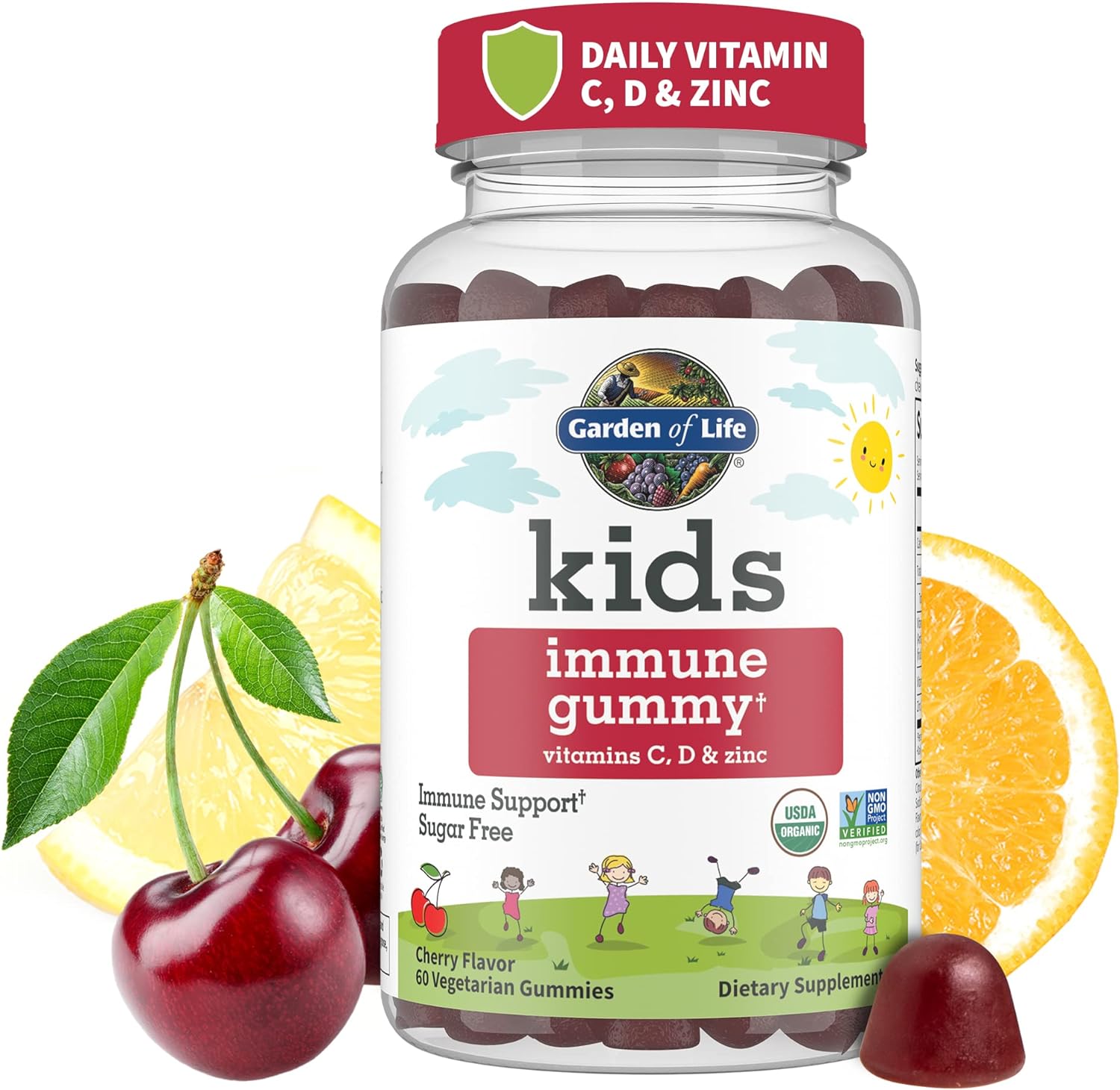 Garden of Life Kids Immune Support Gummies with Vitamin C, D as D3 & Zinc for 3-in-1 Daily Children’s Immunity – Organic, Non-GMO, Gluten-Free, Vegetarian, Sugar Free, Cherry Flavor, 30 Day Supply - Image 1