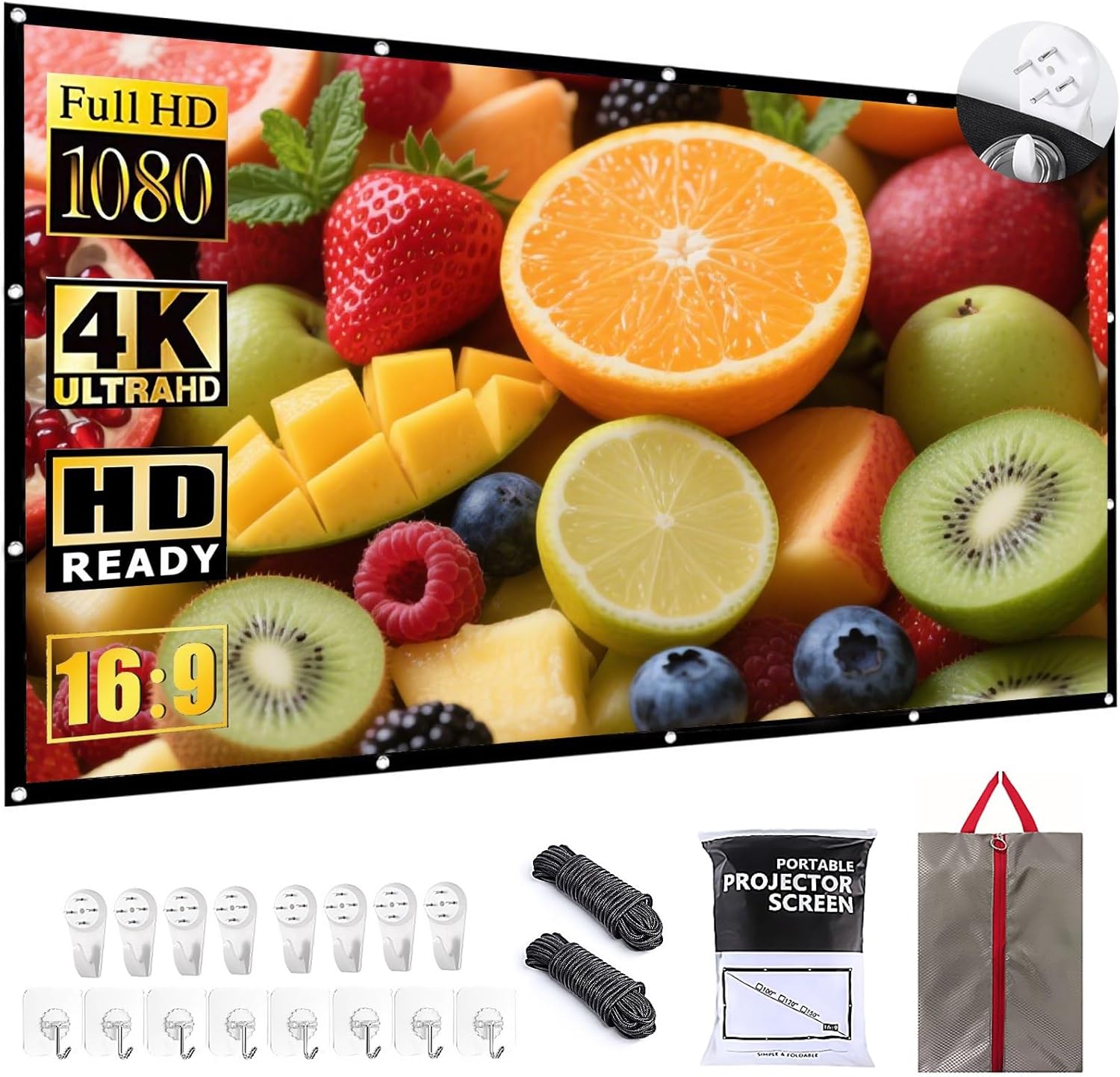BooLooT 120 Inch Portable Movie Projector Screen front view displaying a bright 16:9 widescreen display configuration.