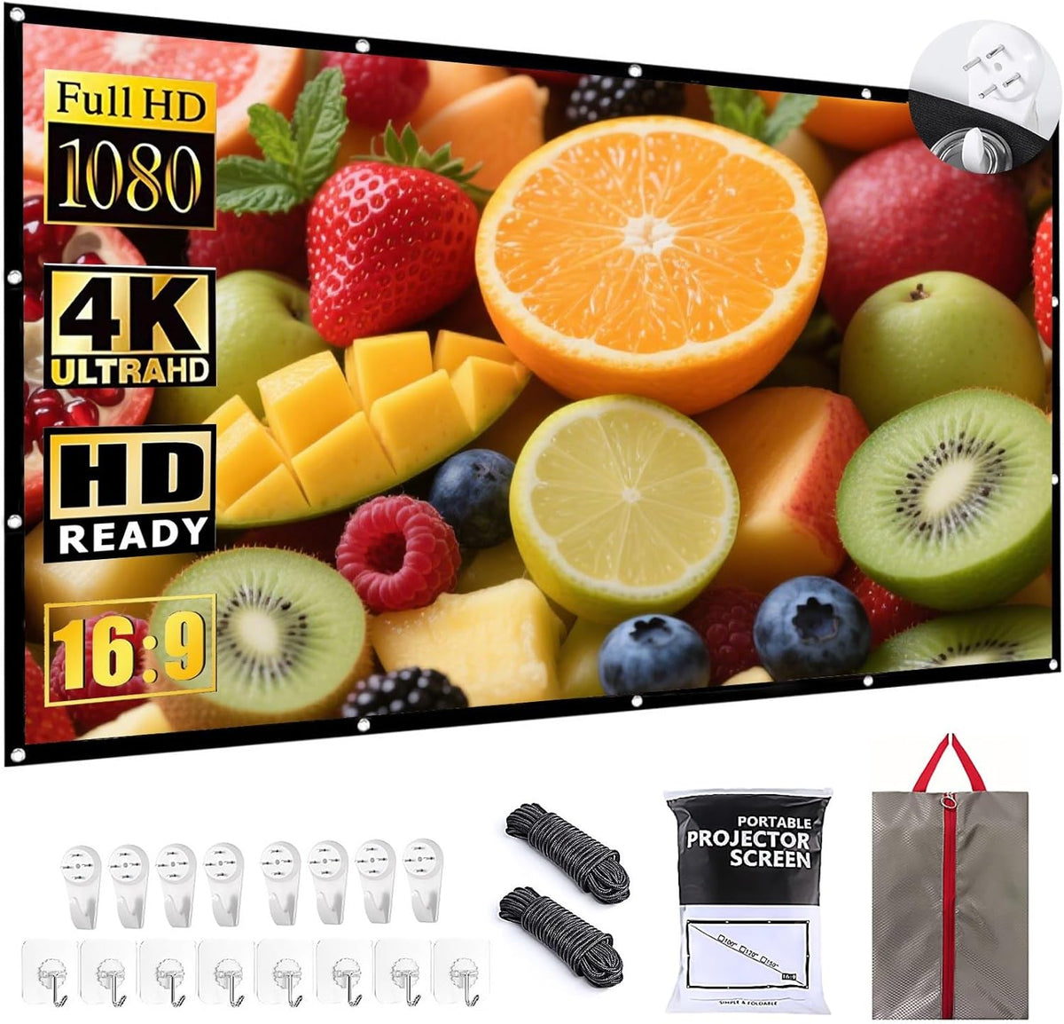BooLooT 120 Inch Portable Movie Projector Screen front view displaying a bright 16:9 widescreen display configuration.