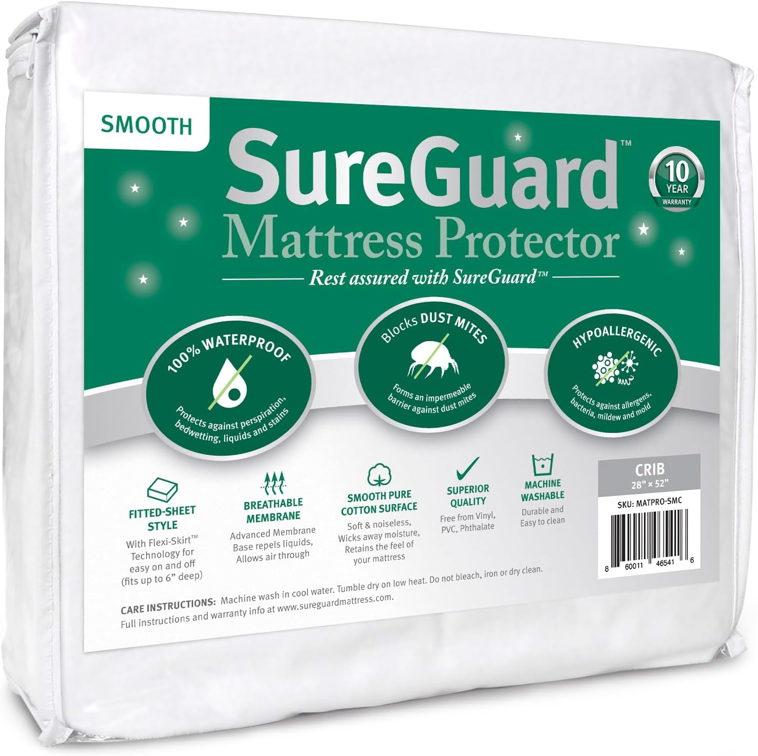 SureGuard crib size mattress protector front view showcasing the premium smooth cotton surface package.