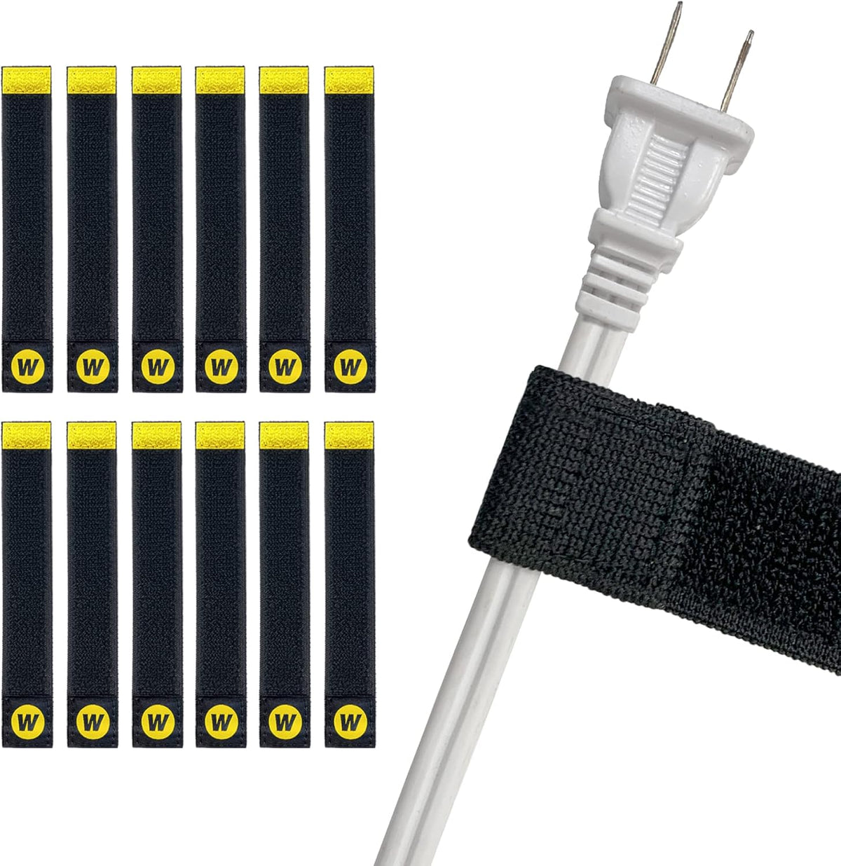 Wrap-It Storage Selfie Straps 6-inch 12-Pack Black front view showing authentic packaging for cable management.