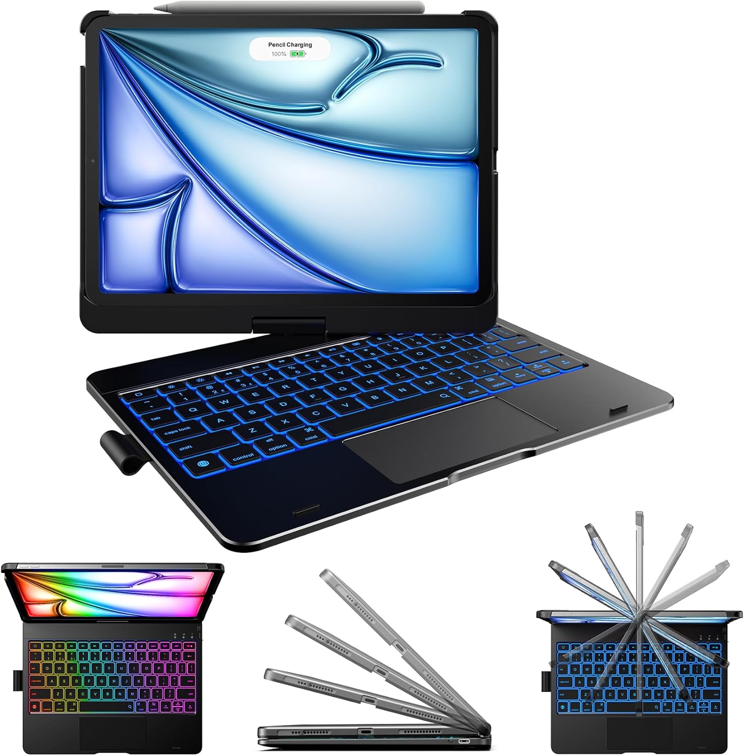 Typecase Touch iPad Pro 11 inch keyboard case front view showing the active black design and crisp laser etched backlit keys.