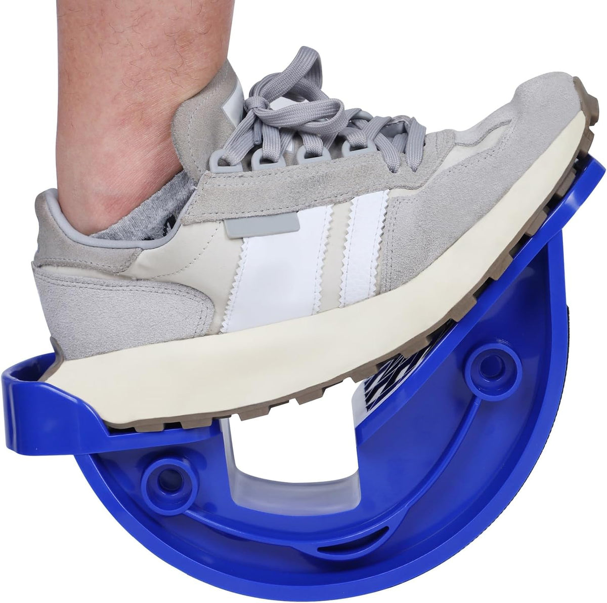Stentec calf stretcher front view showing blue ergonomic foot rocker design.