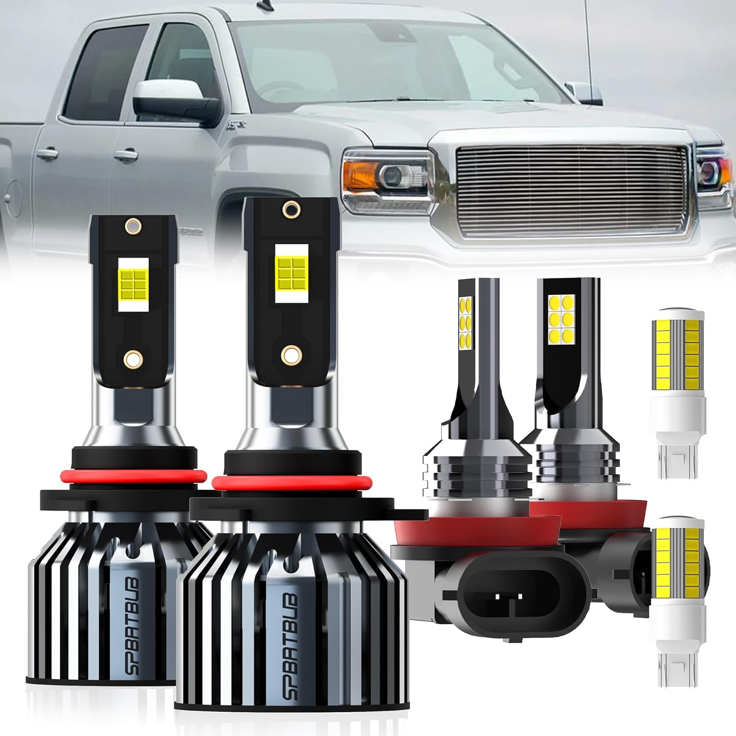 SPBRTBUB dedicated LED headlight bulbs six pack front view showcasing the aviation grade aluminum construction.