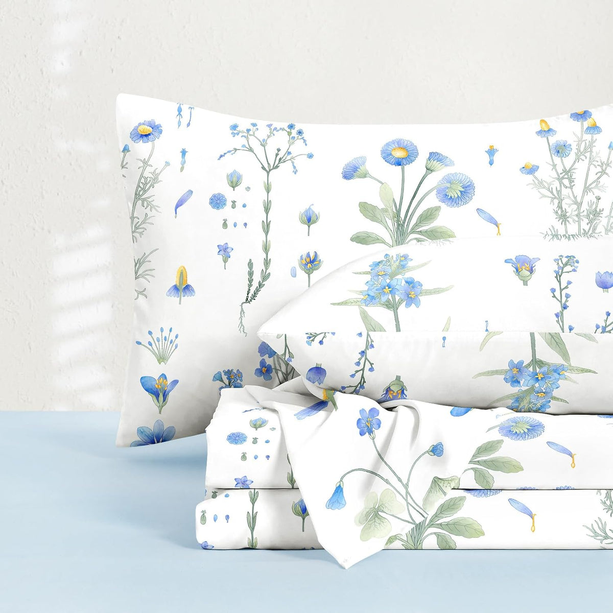 Wake In Cloud - Floral Bed Sheets, 4-Piece Sheet Set, Cute Botanical Shabby Chic Coquette Cottagecore Flower Pattern Printed Bedding, Deep Pocket, Yellow Green, Queen Size - Image 11
