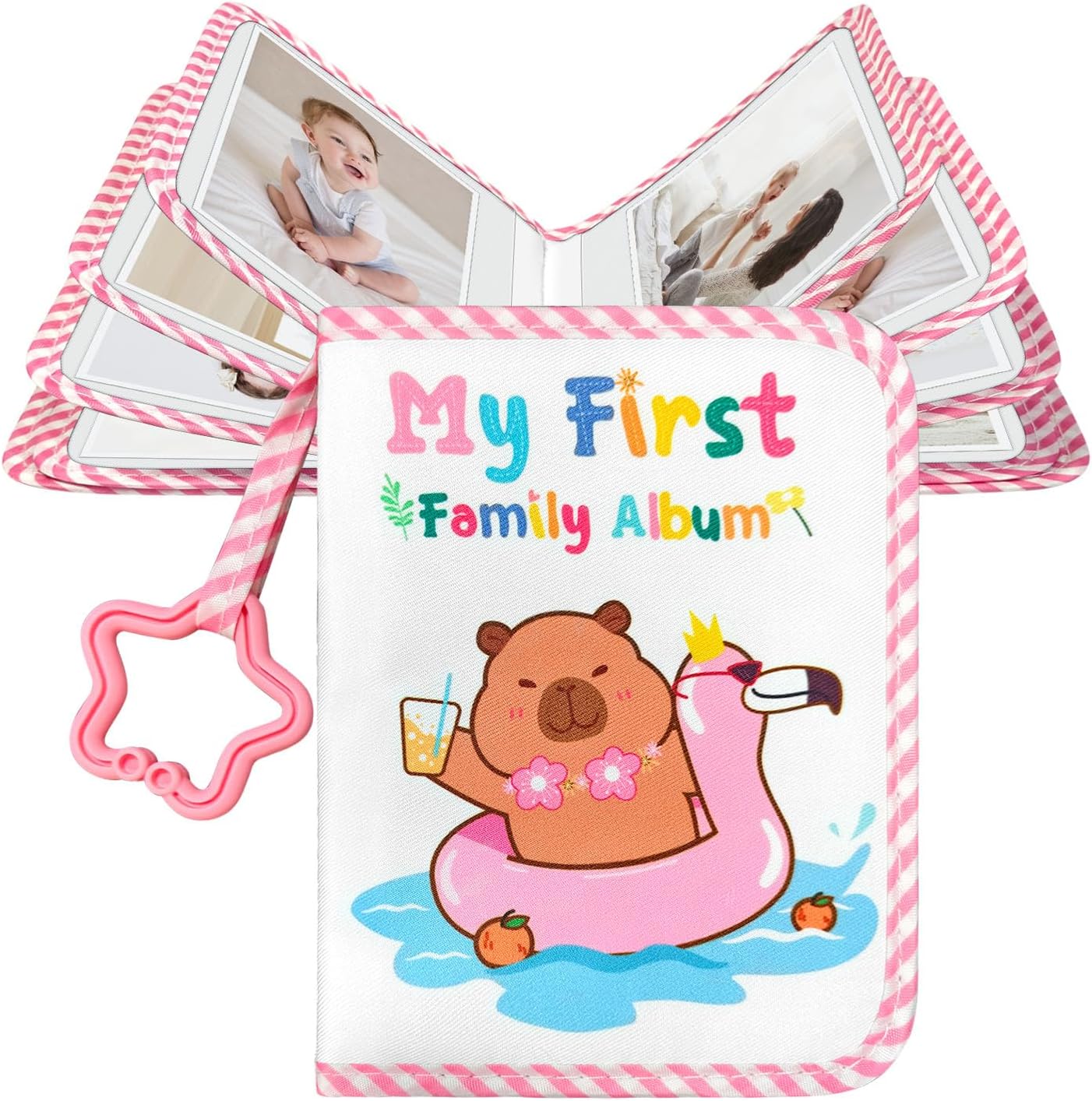 Jenlan Capybara Baby Photo Album front view showing pink cloth cover with capybara graphic