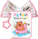 Jenlan Capybara Baby Photo Album front view showing pink cloth cover with capybara graphic