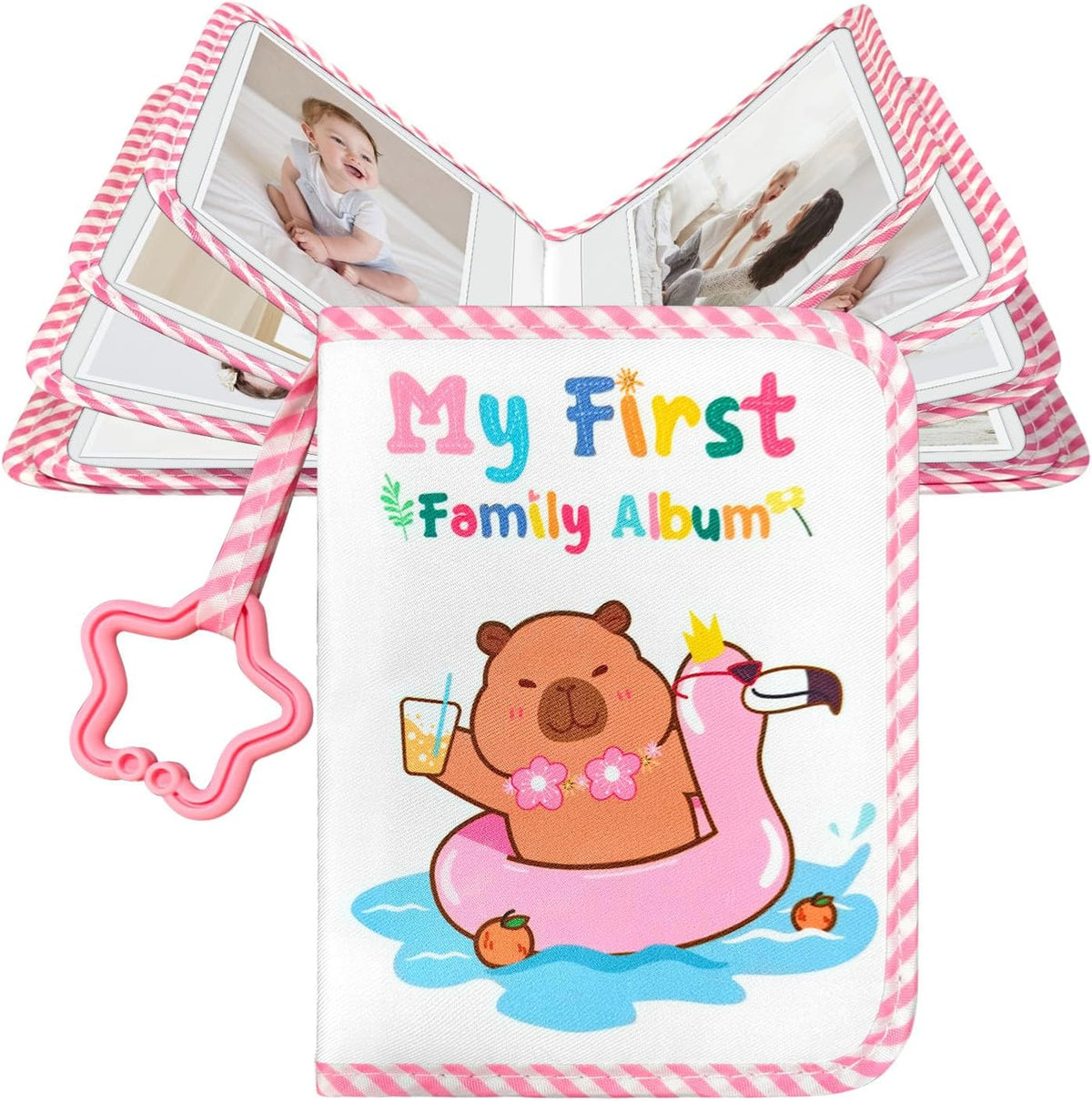 Jenlan Capybara Baby Photo Album front view showing pink cloth cover with capybara graphic