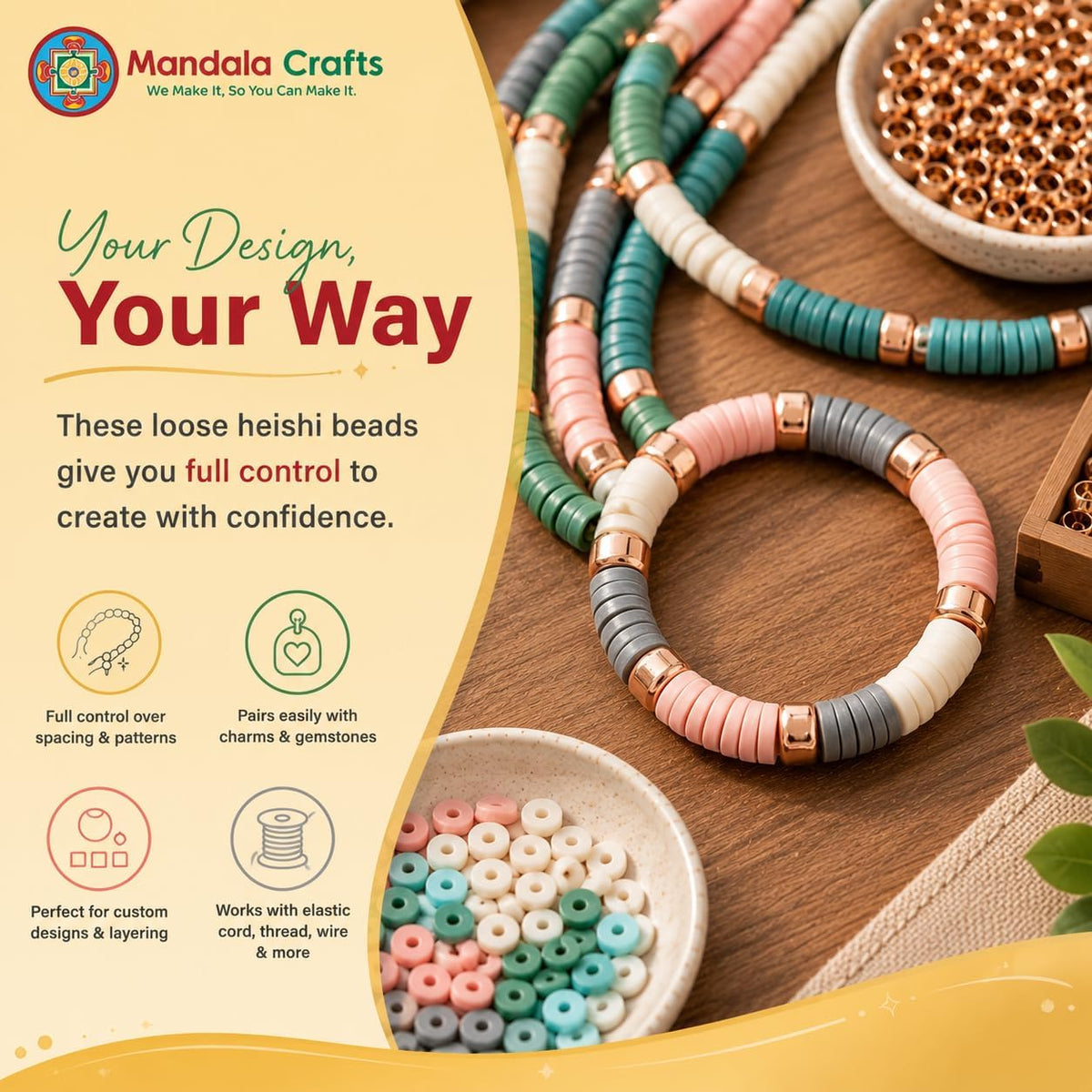 Mandala Crafts polymer beads arranged for bracelet making