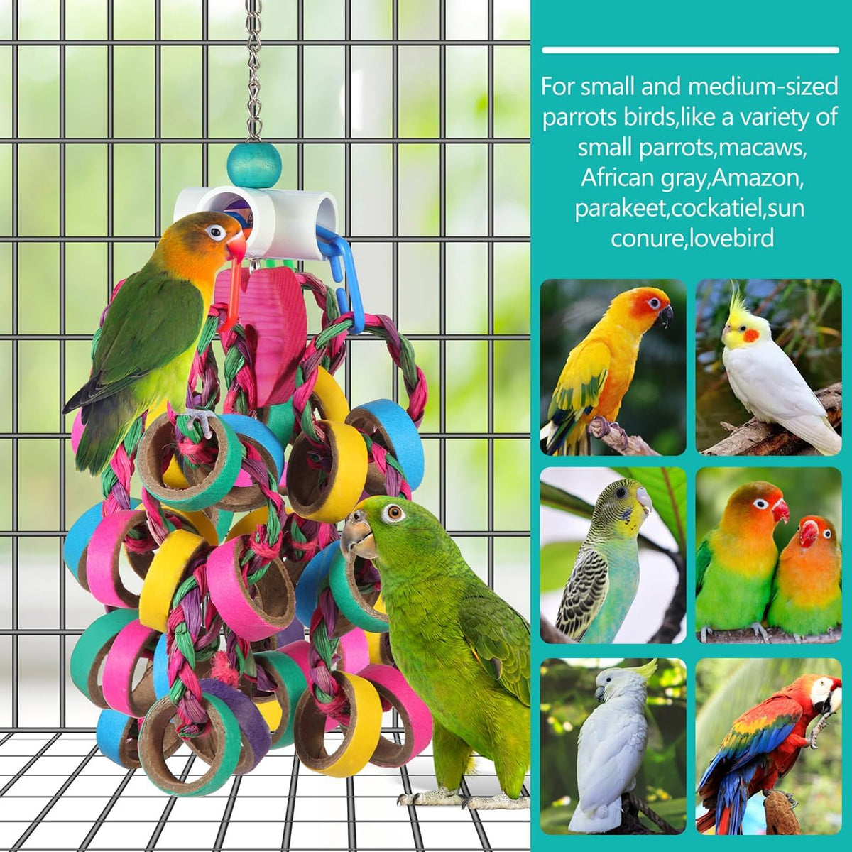 Natural palm and corn husk grass elements on conure toy.