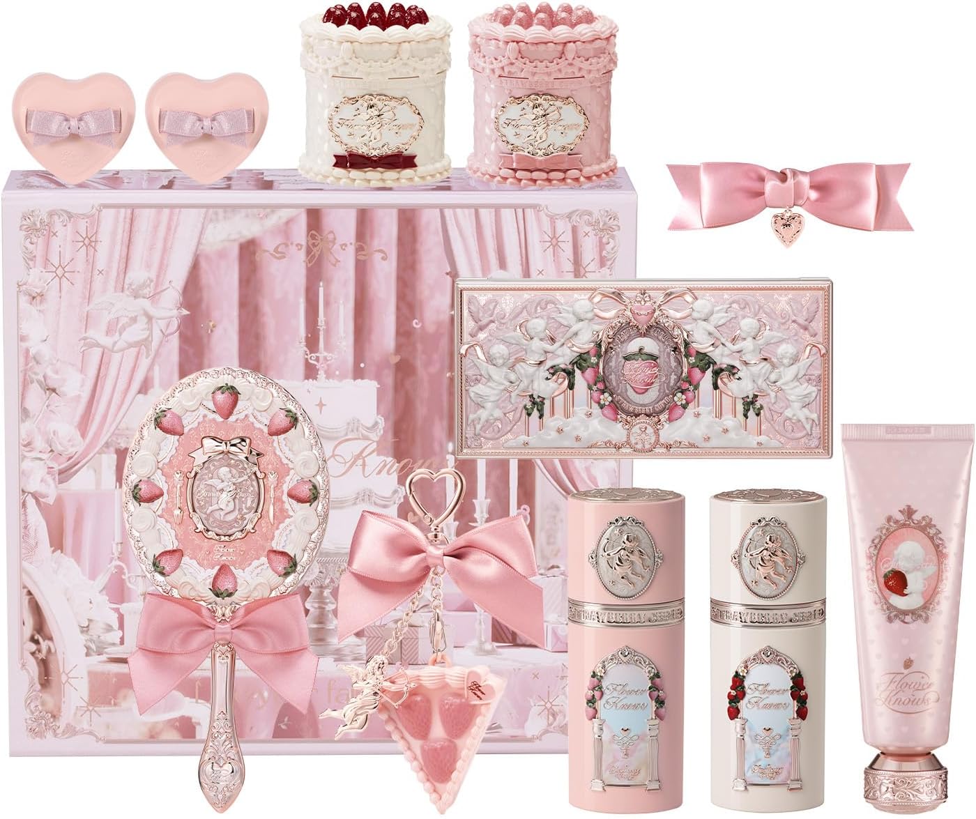 Flower Knows Strawberry Cupid makeup gift box set packaging front view featuring ornate cherub details.