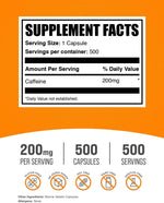 BulkSupplements caffeine pills 500 count nutrition facts label details